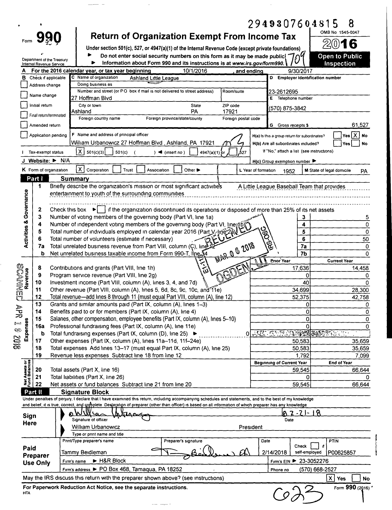 Image of first page of 2016 Form 990 for Little League Baseball - 2382401 Ashland LL