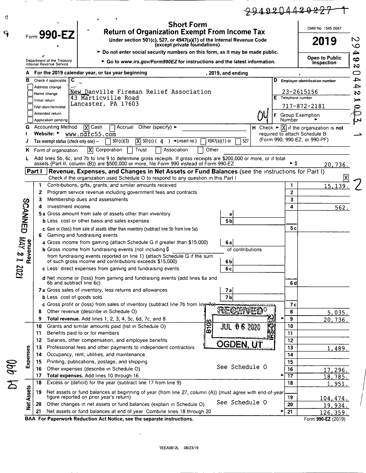 Image of first page of 2019 Form 990EO for New Danville Fireman Relief Association