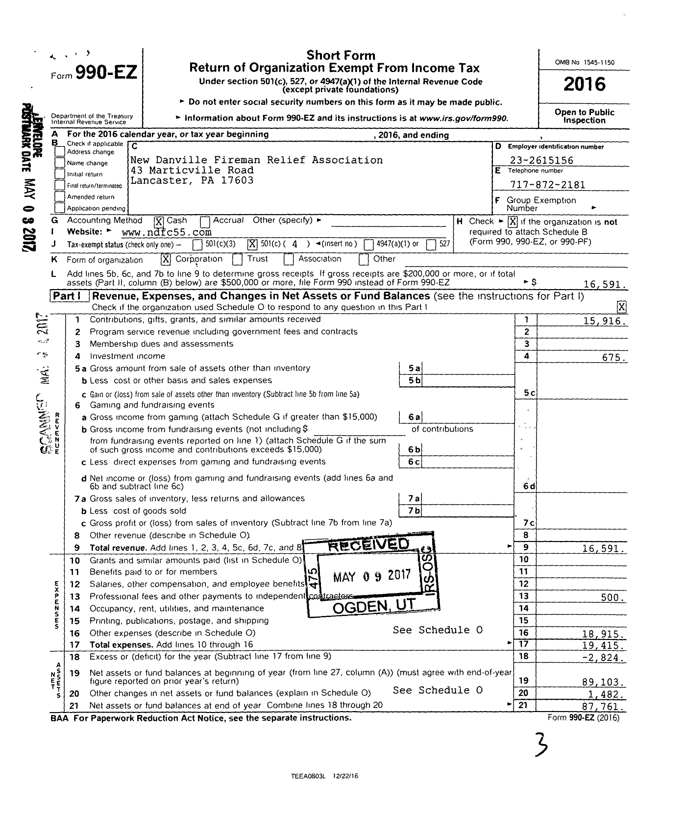 Image of first page of 2016 Form 990EO for New Danville Fireman Relief Association