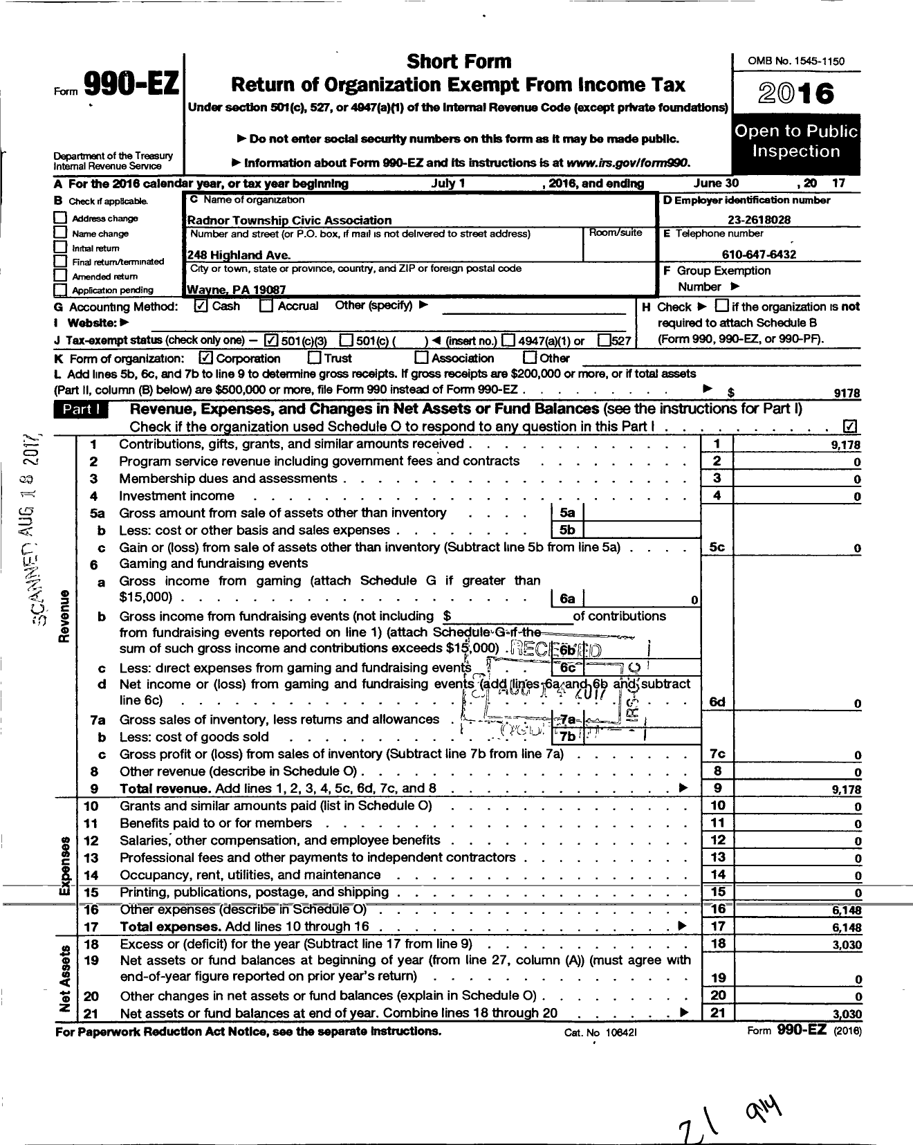 Image of first page of 2016 Form 990EZ for Radnor Township Civic Association (RTCA)