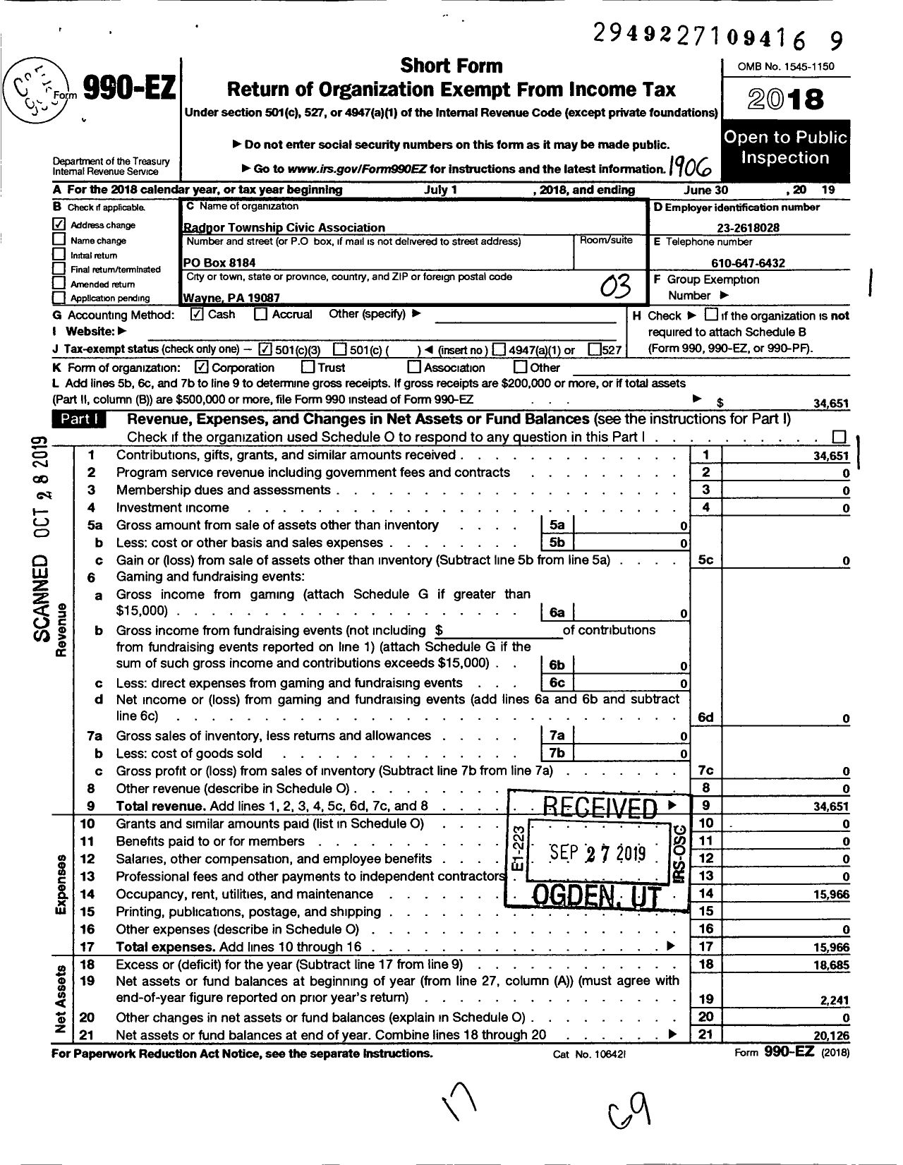 Image of first page of 2018 Form 990EZ for Radnor Township Civic Association (RTCA)