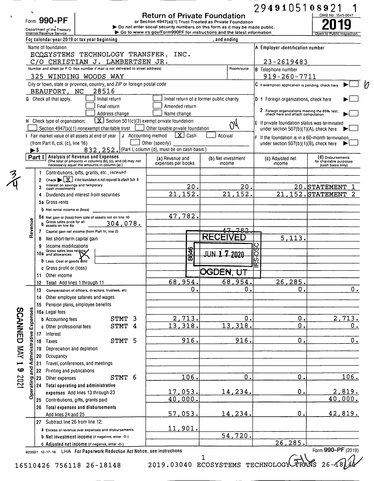 Image of first page of 2019 Form 990PF for Ecosystems Technology Transfer