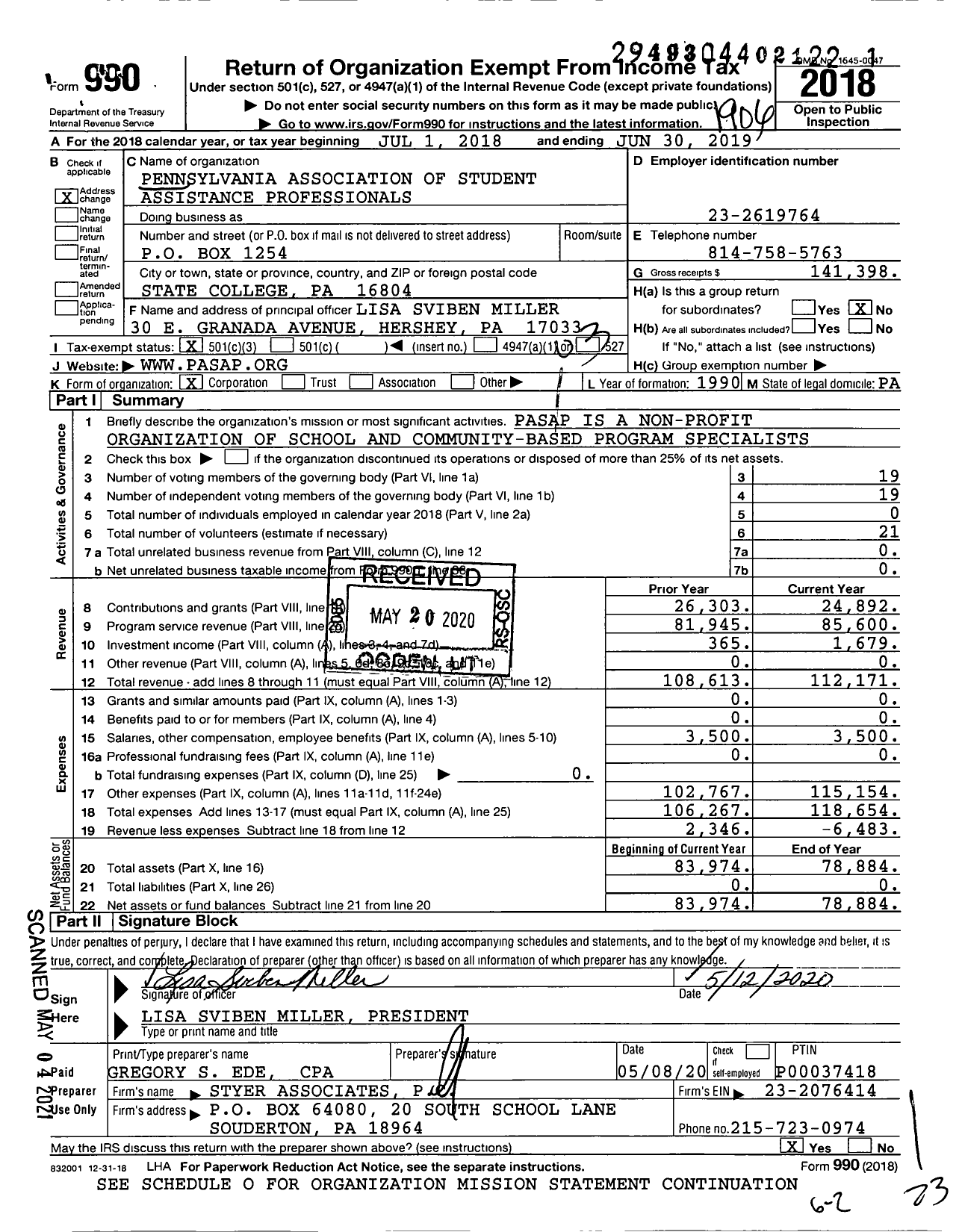 Image of first page of 2018 Form 990 for Pennsylvania Association of Student Assistance Professionals