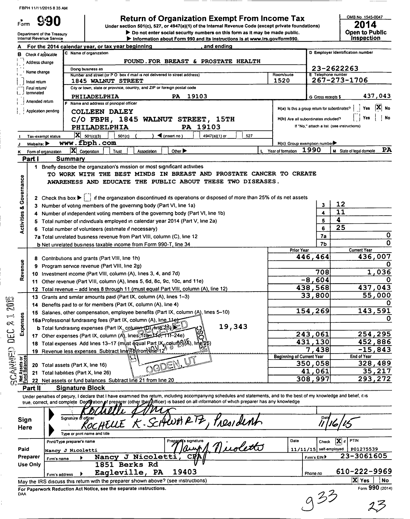 Image of first page of 2014 Form 990 for Found for Breast and Prostate Health