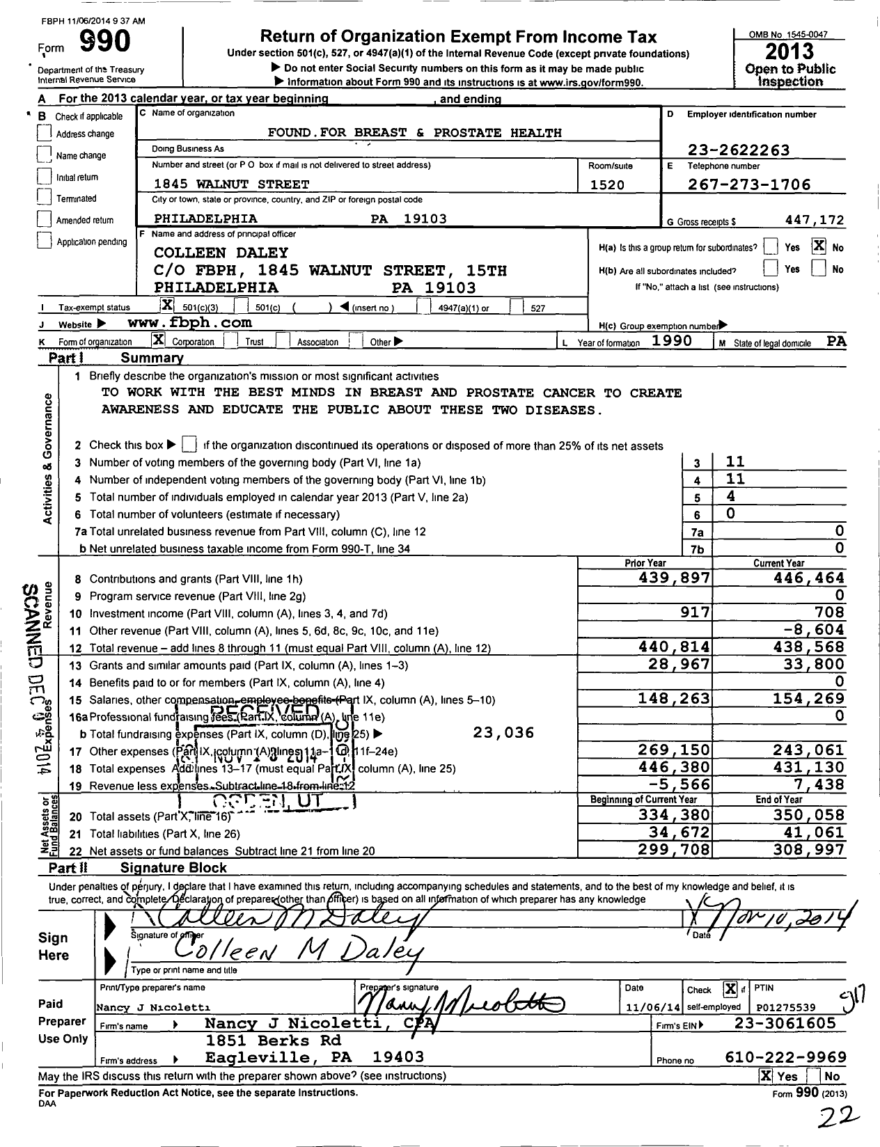 Image of first page of 2013 Form 990 for Found for Breast and Prostate Health