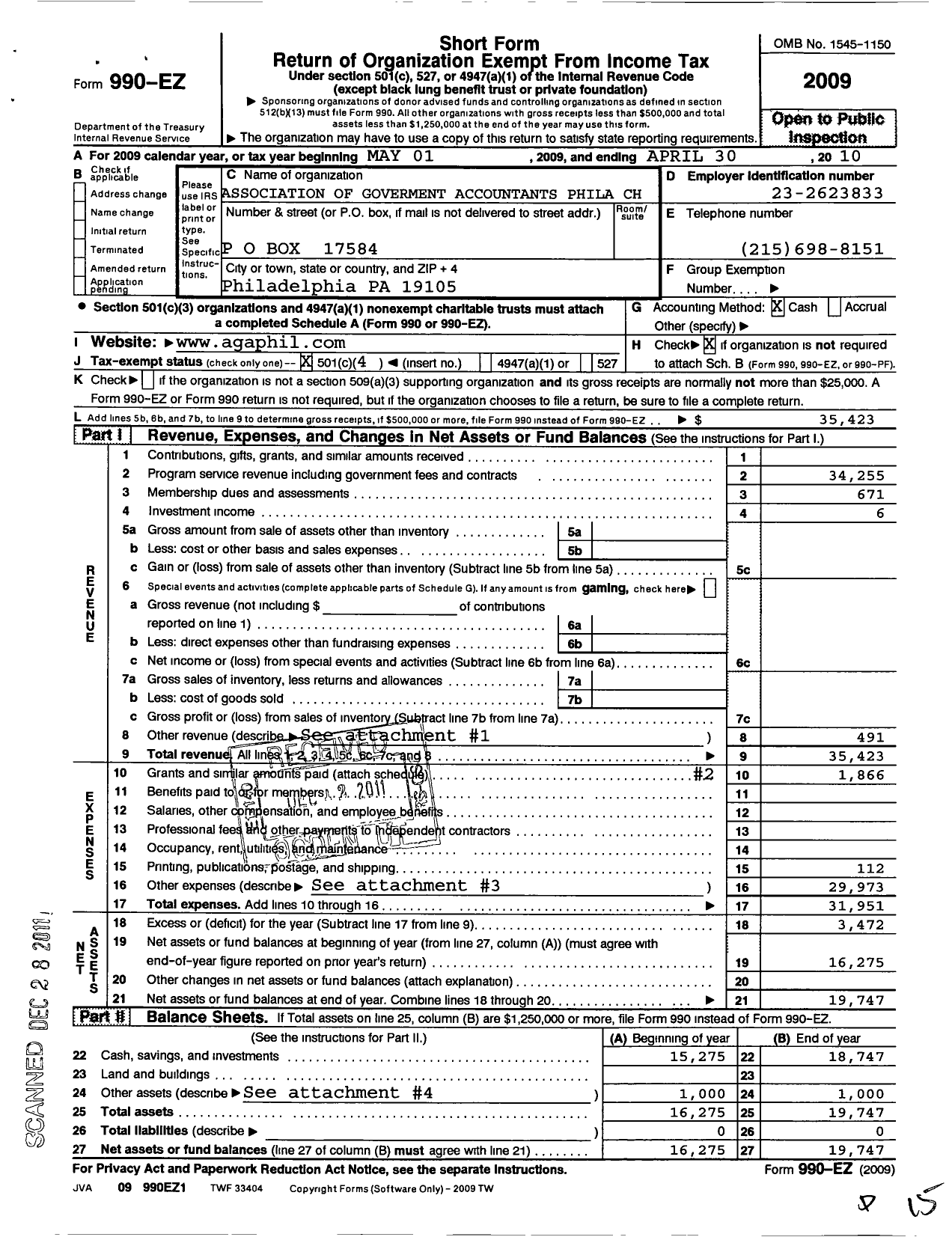 Image of first page of 2009 Form 990EO for Association of Government Accountants - 42 Philadelphia Chapter