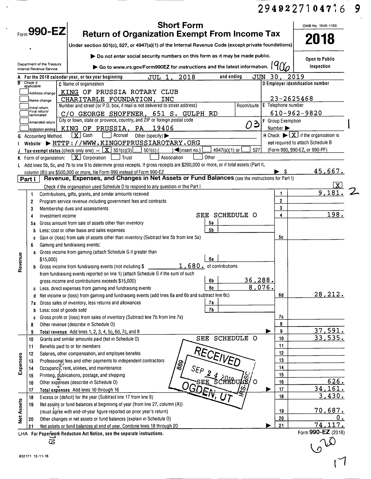 Image of first page of 2018 Form 990EZ for The King of Prussia Rotary Club Charitable Foundation