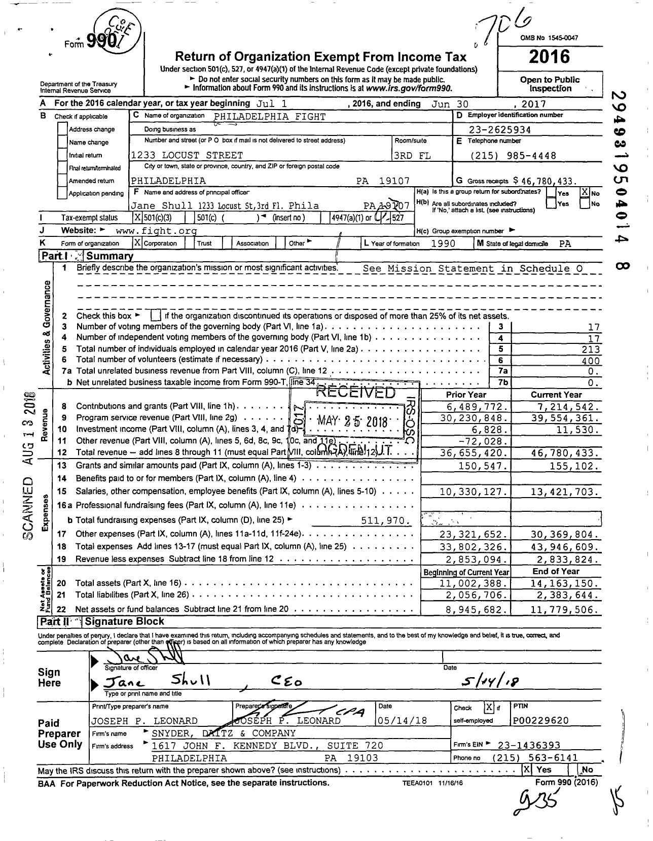 Image of first page of 2016 Form 990 for Philadelphia FIGHT