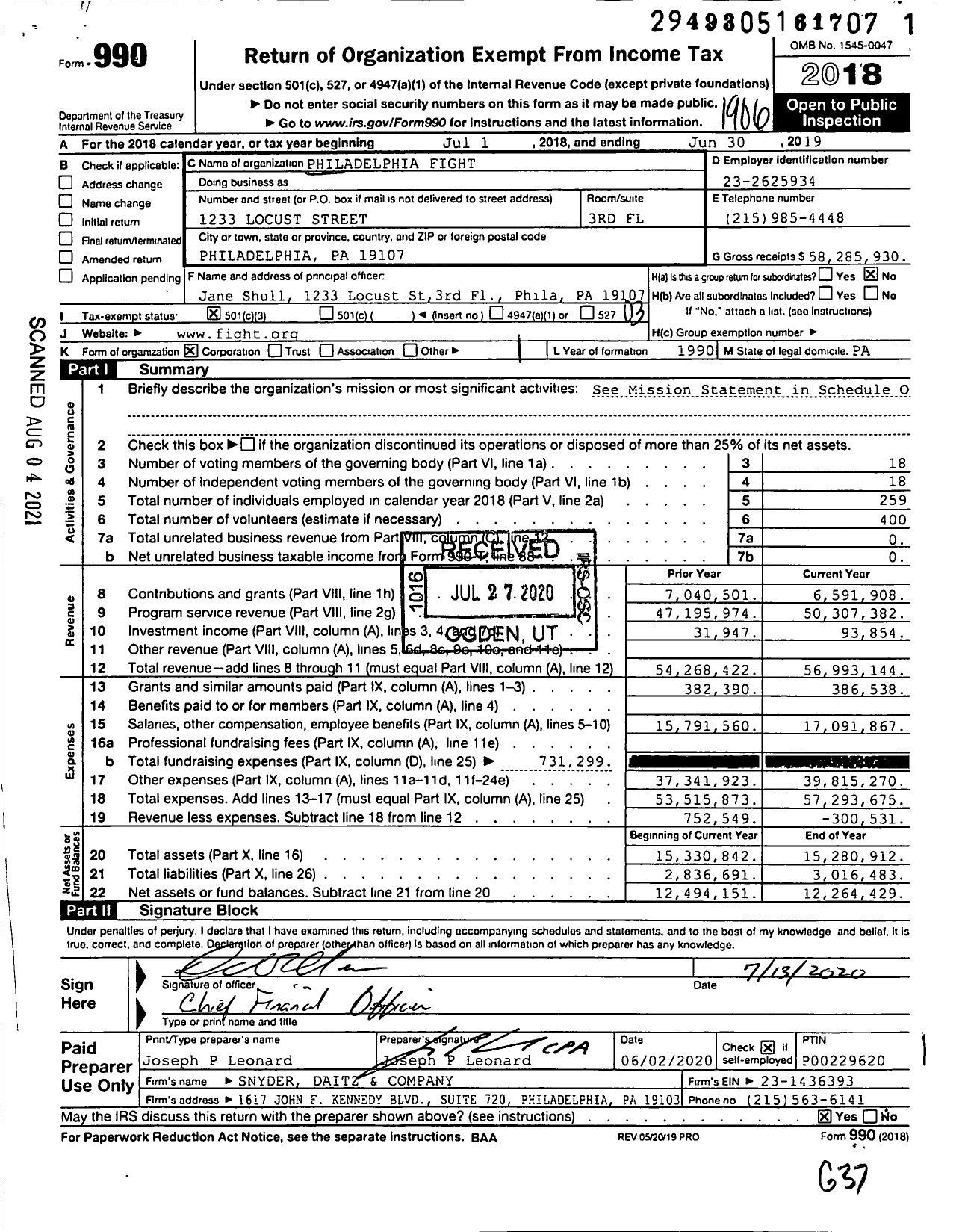 Image of first page of 2018 Form 990 for Philadelphia FIGHT