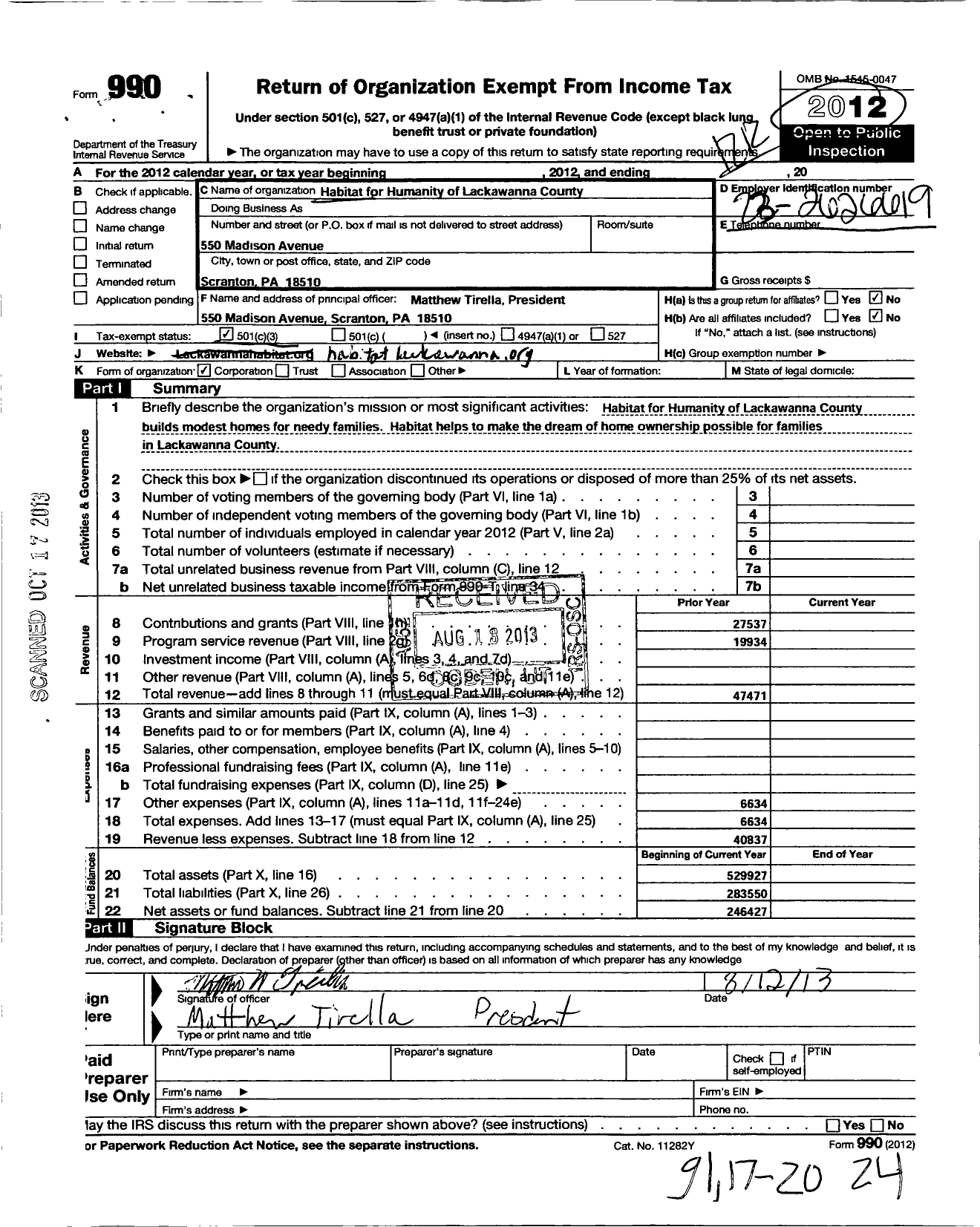 Image of first page of 2012 Form 990 for Habitat for Humanity of Lackawanna County