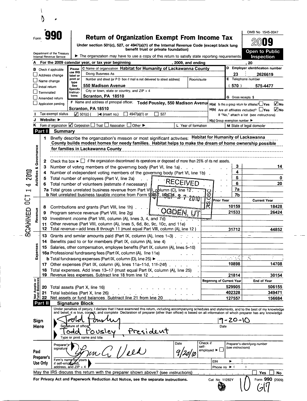 Image of first page of 2009 Form 990O for Habitat for Humanity of Lackawanna County