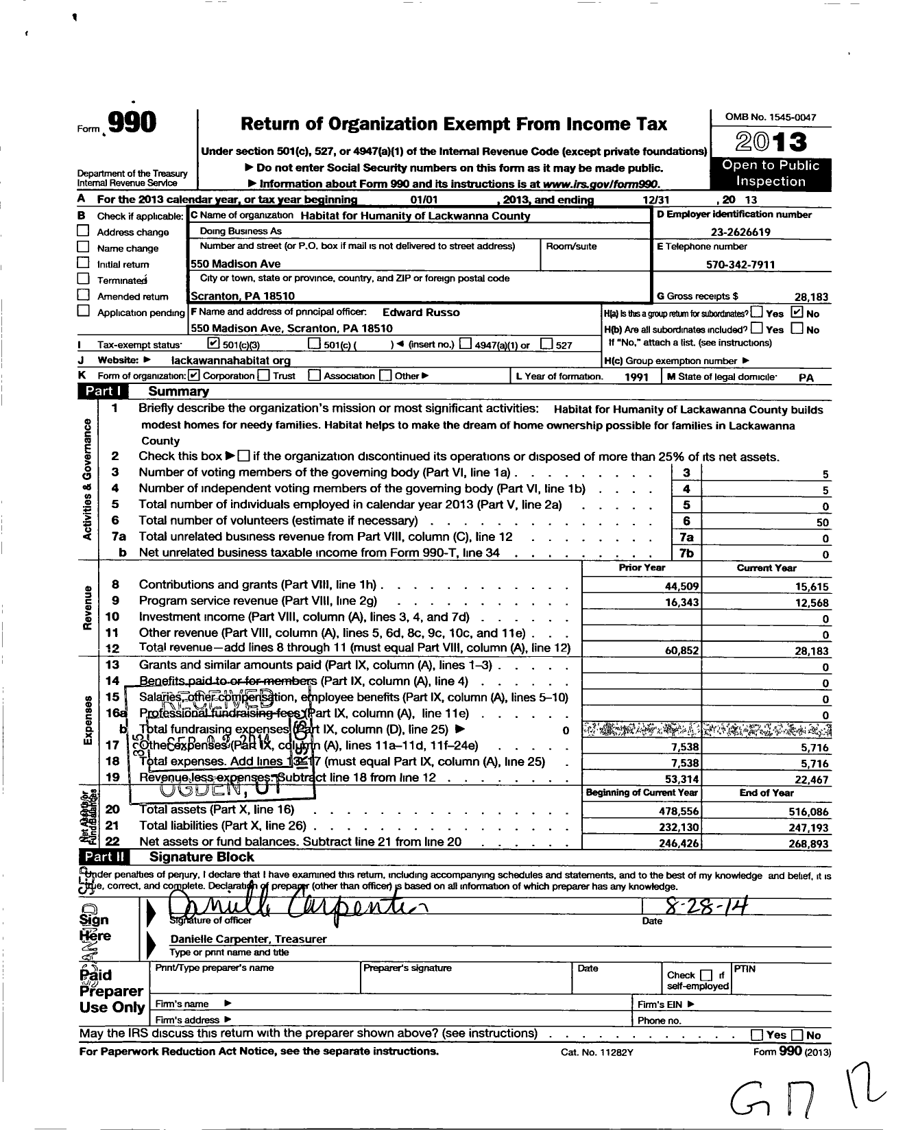 Image of first page of 2013 Form 990 for Habitat for Humanity of Lackawanna County