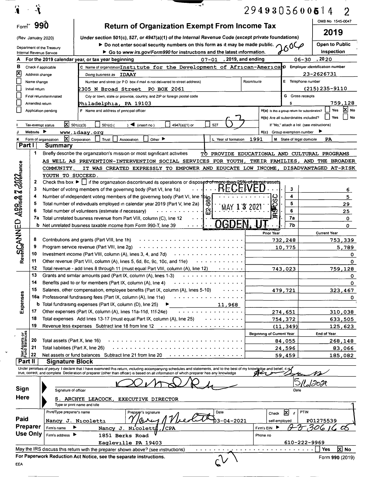 Image of first page of 2019 Form 990 for Institute for the Devel of African -american Youth (IDAAY)