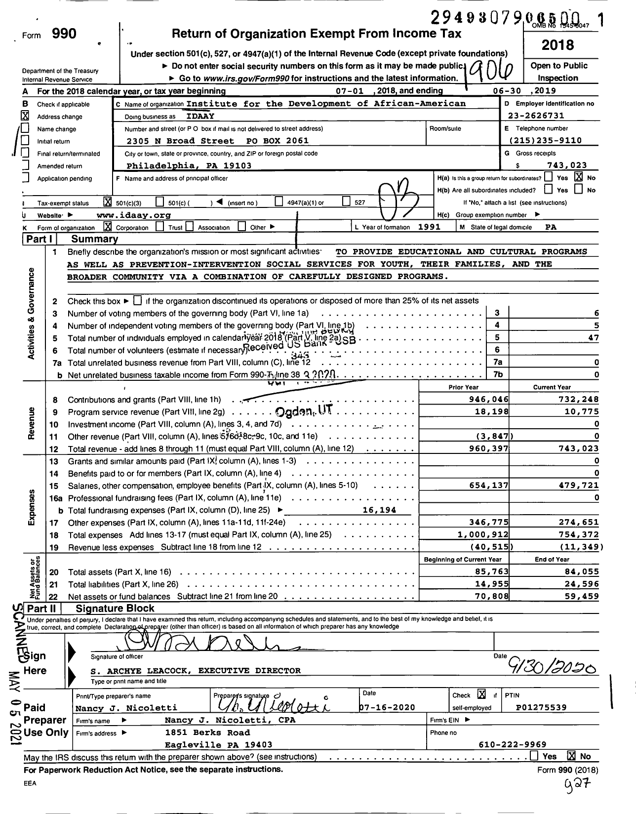 Image of first page of 2018 Form 990 for Institute for the Devel of African -american Youth (IDAAY)