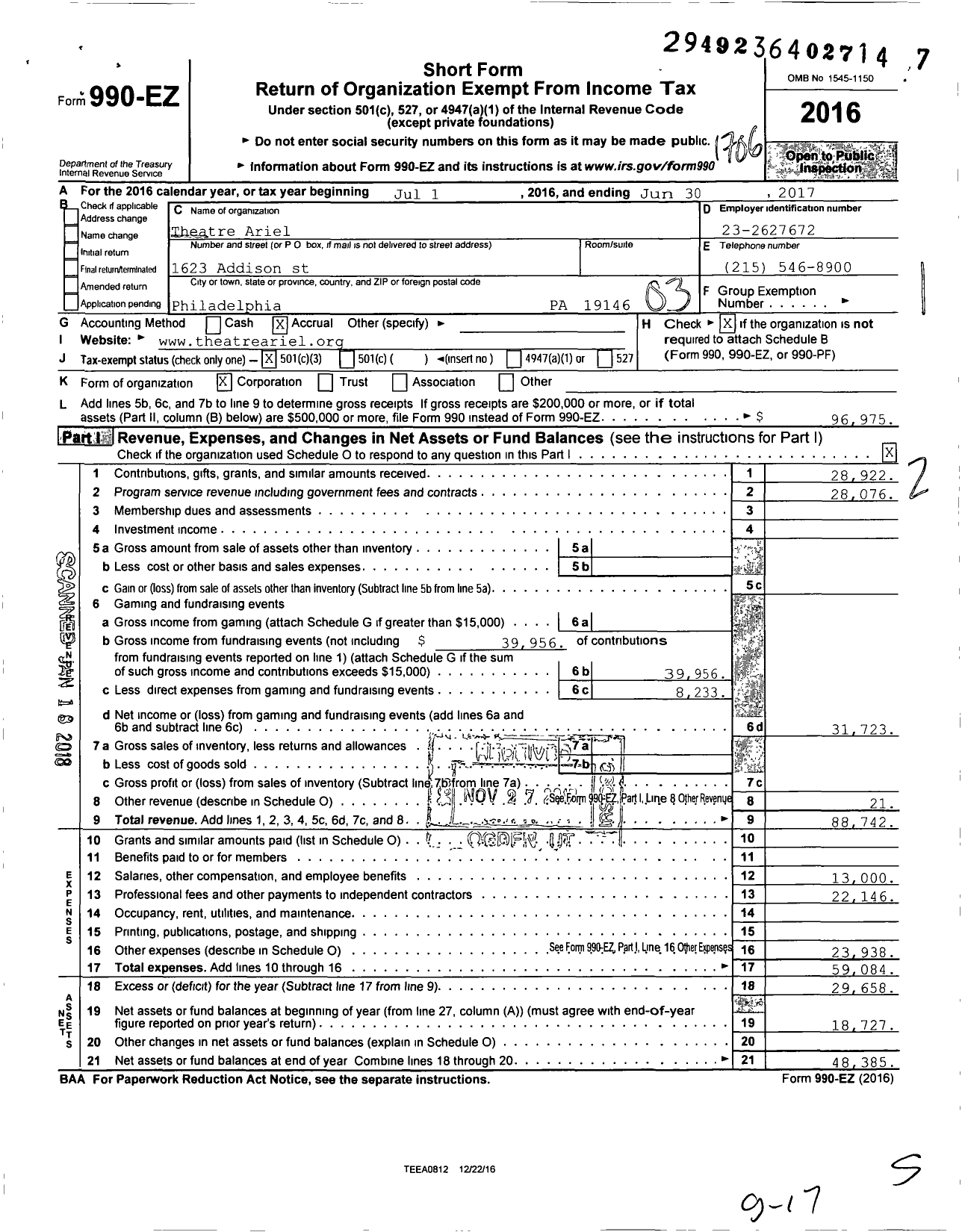 Image of first page of 2016 Form 990EZ for Theatre Ariel