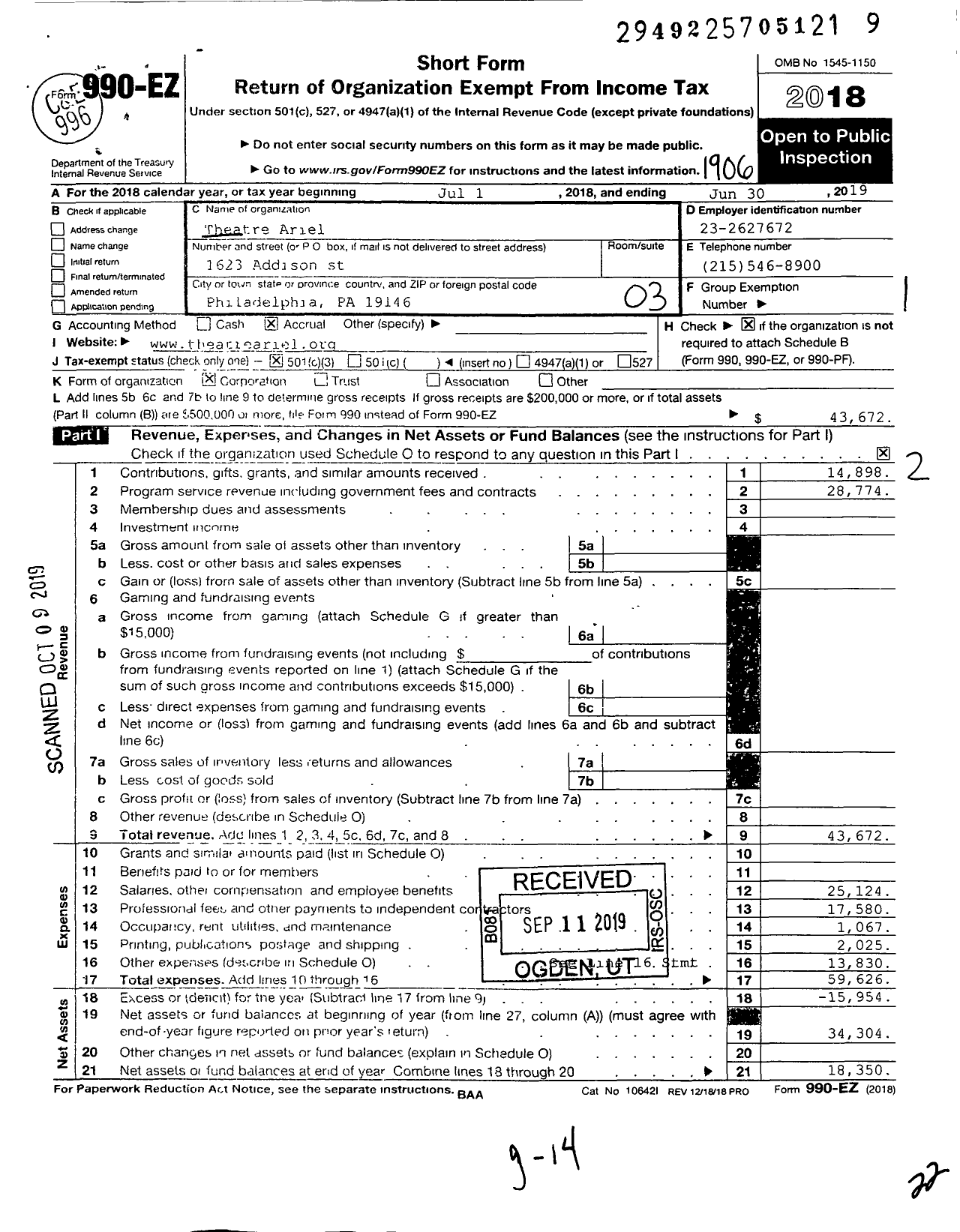 Image of first page of 2018 Form 990EZ for Theatre Ariel