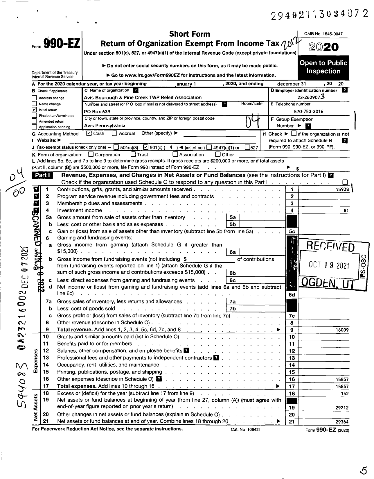 Image of first page of 2020 Form 990EO for Avis Borough & Pine Creek Twp Relie