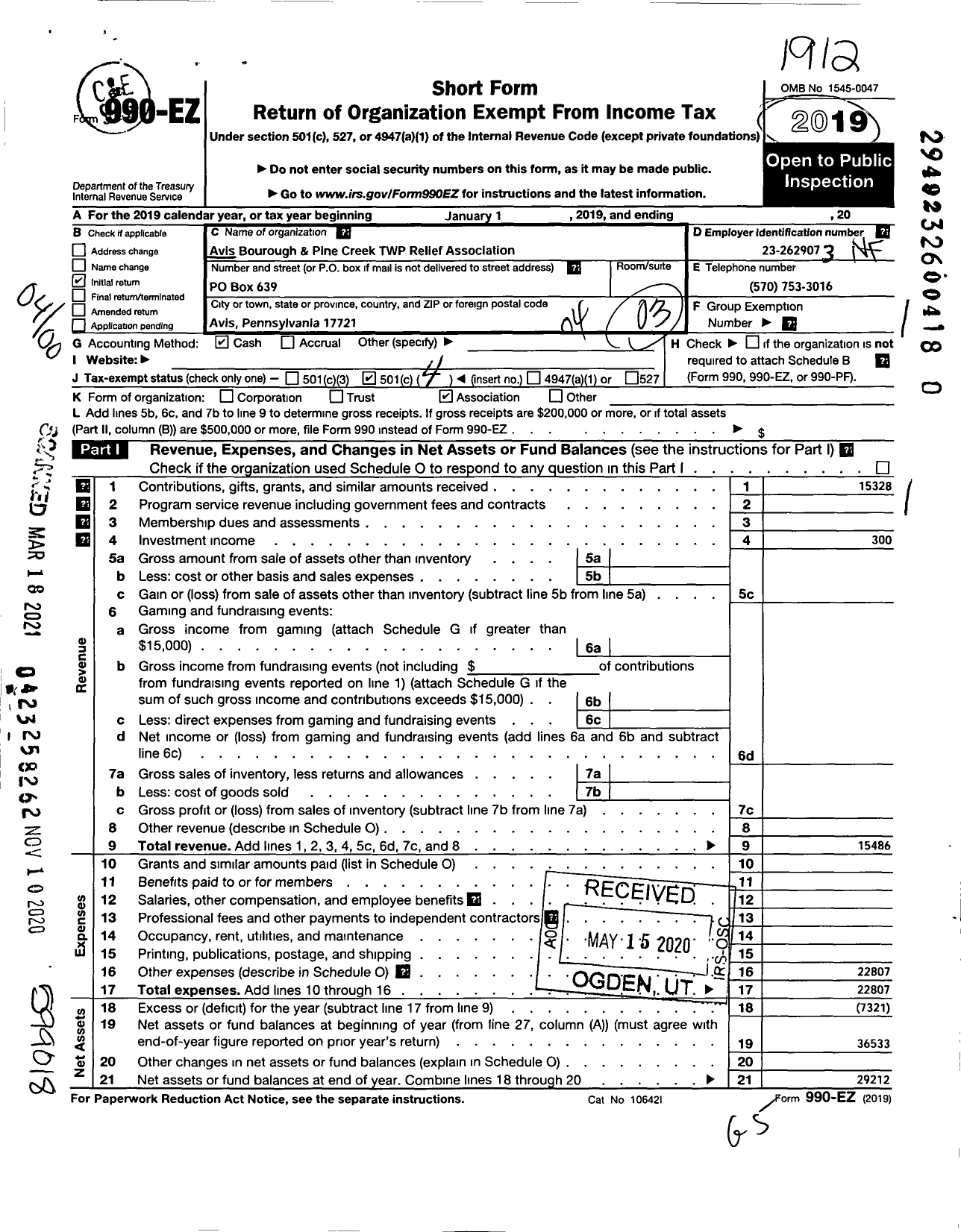 Image of first page of 2019 Form 990EO for Avis Borough & Pine Creek Twp Relie