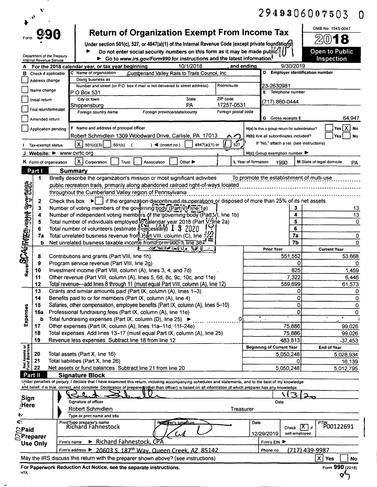 Image of first page of 2018 Form 990 for Cumberland Valley Rails To Trails Council