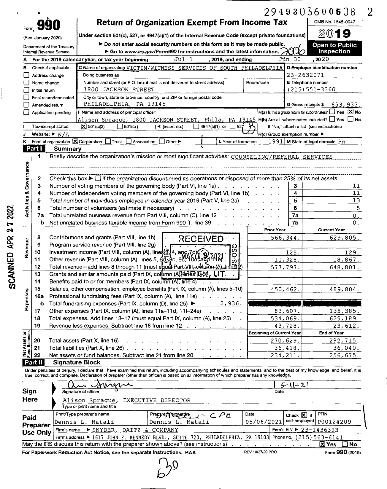 Image of first page of 2019 Form 990 for Victimwitness Services of South Philadelphia