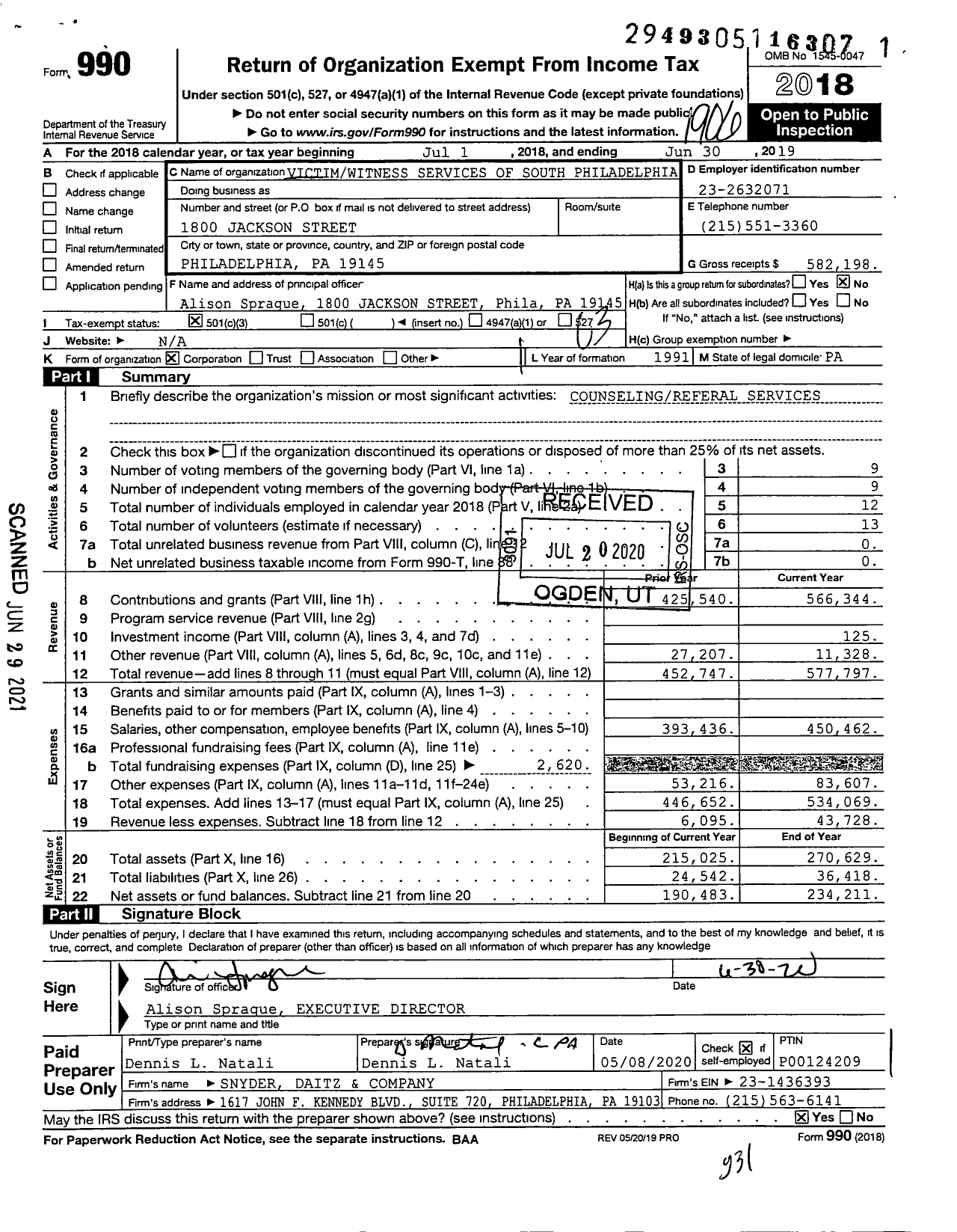 Image of first page of 2018 Form 990 for Victimwitness Services of South Philadelphia