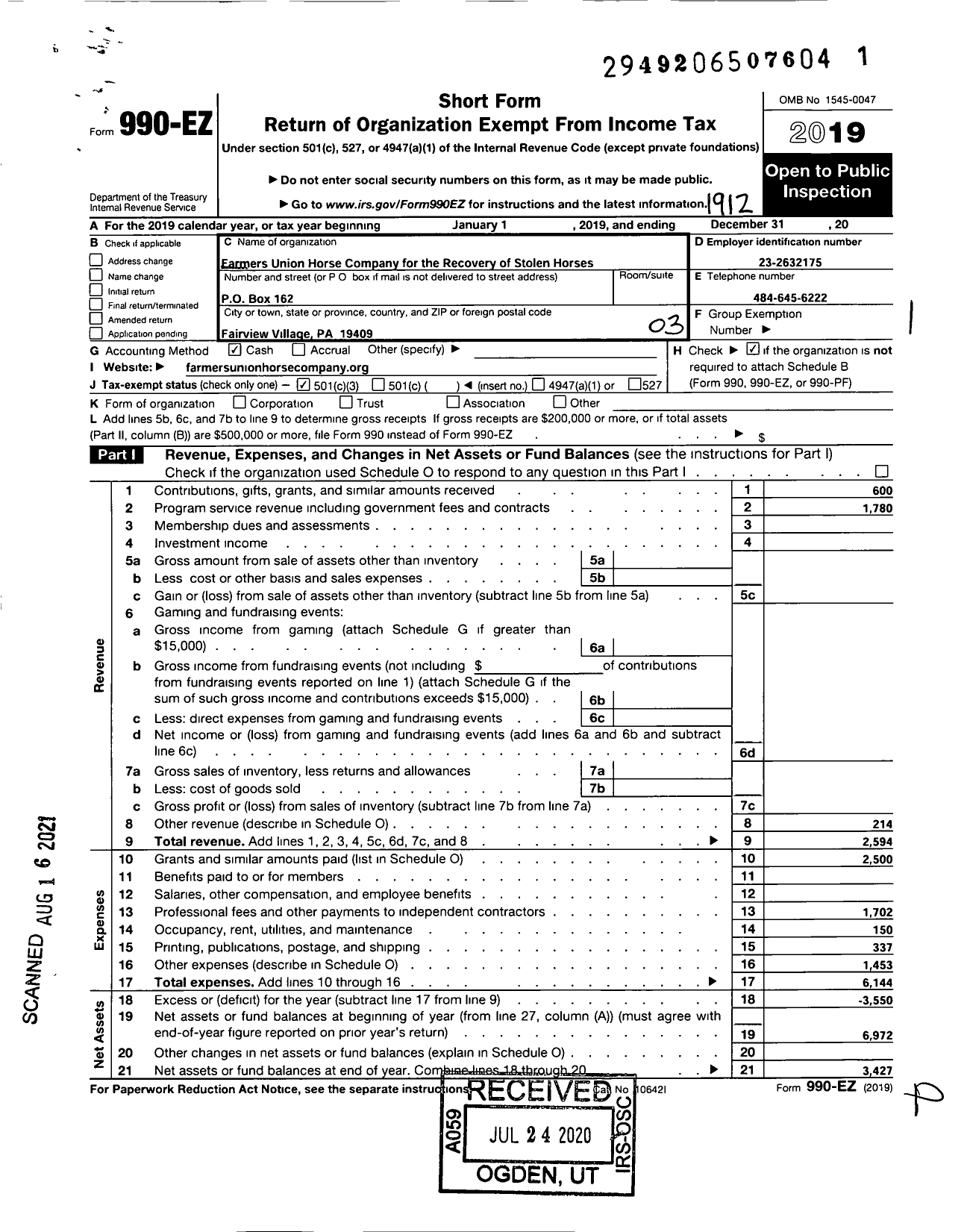 Image of first page of 2019 Form 990EZ for Farmers Union Company for the Recovery of Stolen Horses and