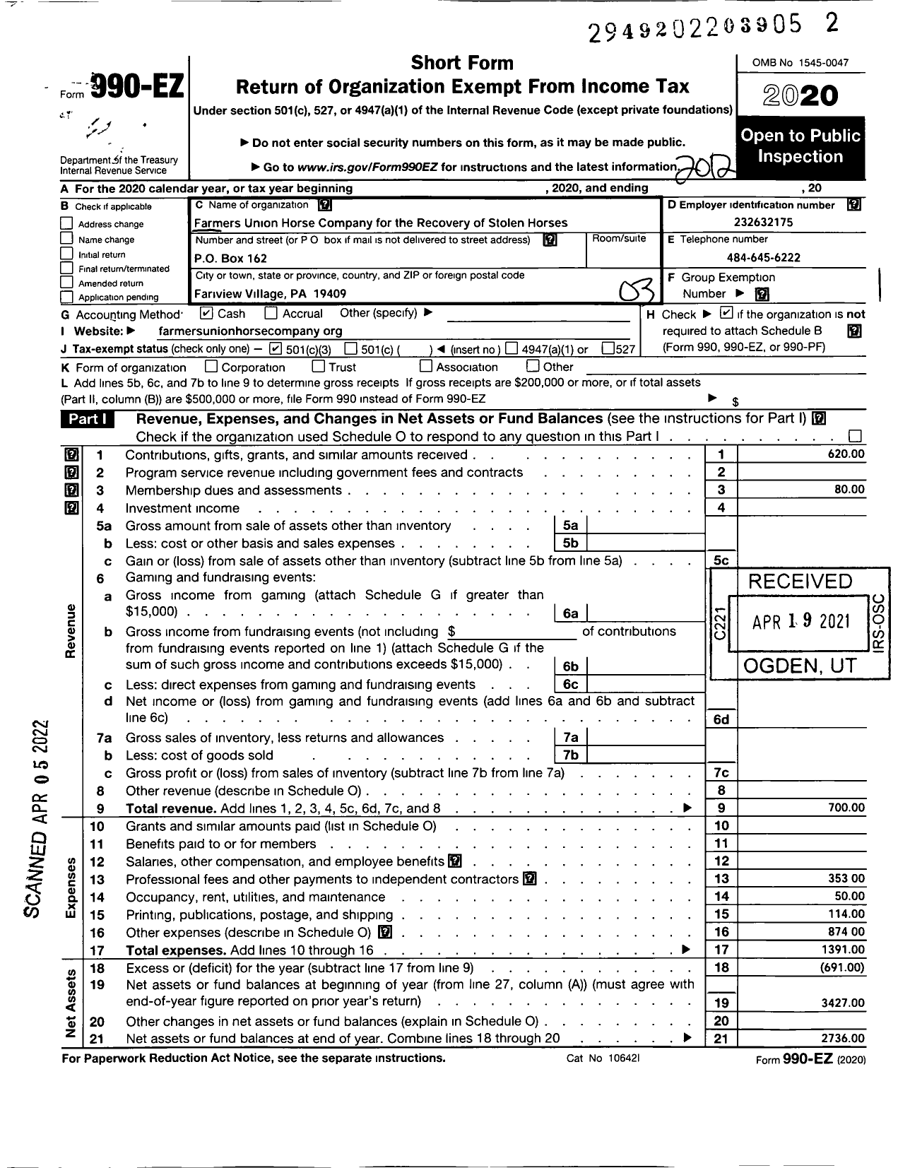 Image of first page of 2020 Form 990EZ for Farmers Union Company for the Recovery of Stolen Horses and