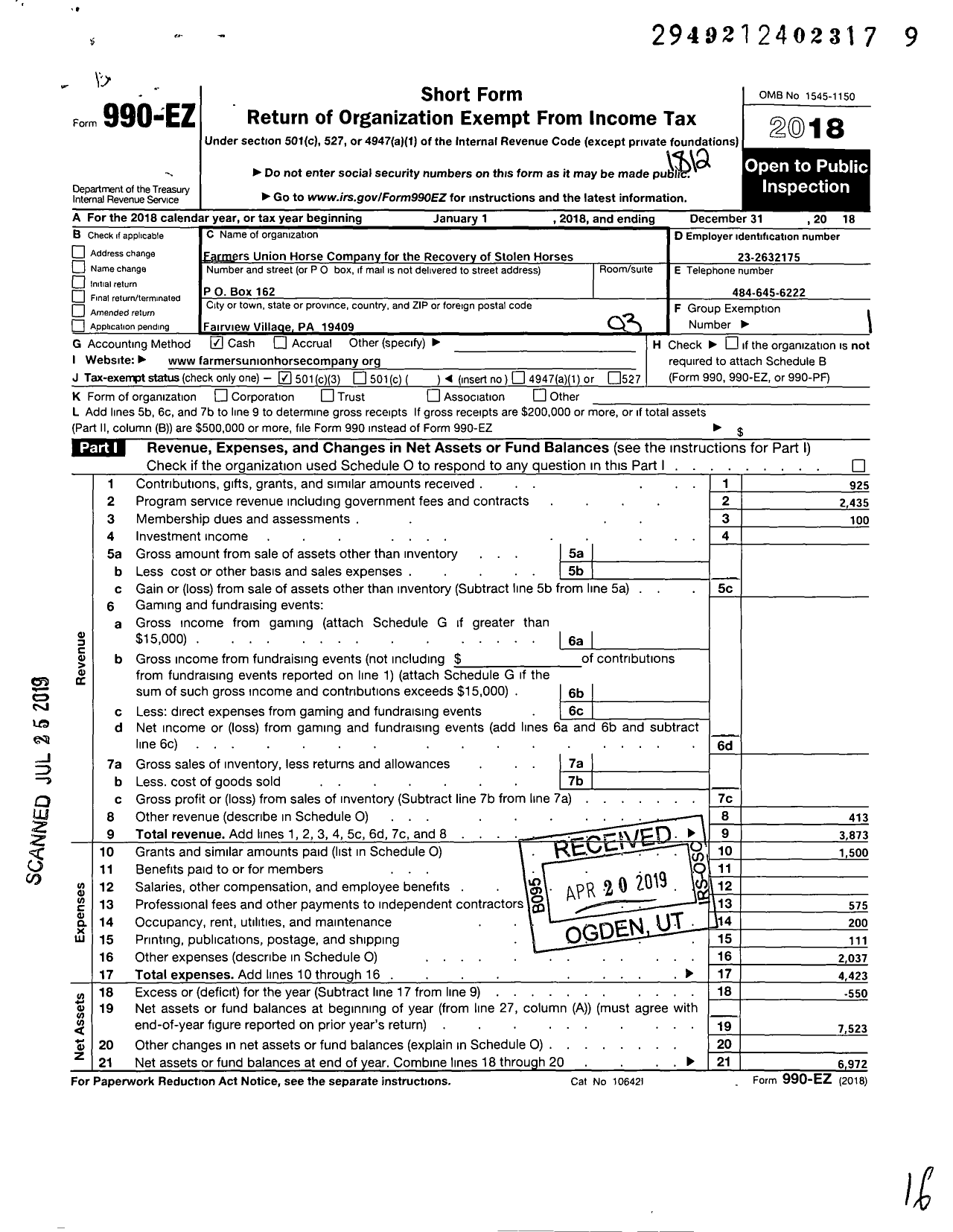 Image of first page of 2018 Form 990EZ for Farmers Union Company for the Recovery of Stolen Horses and