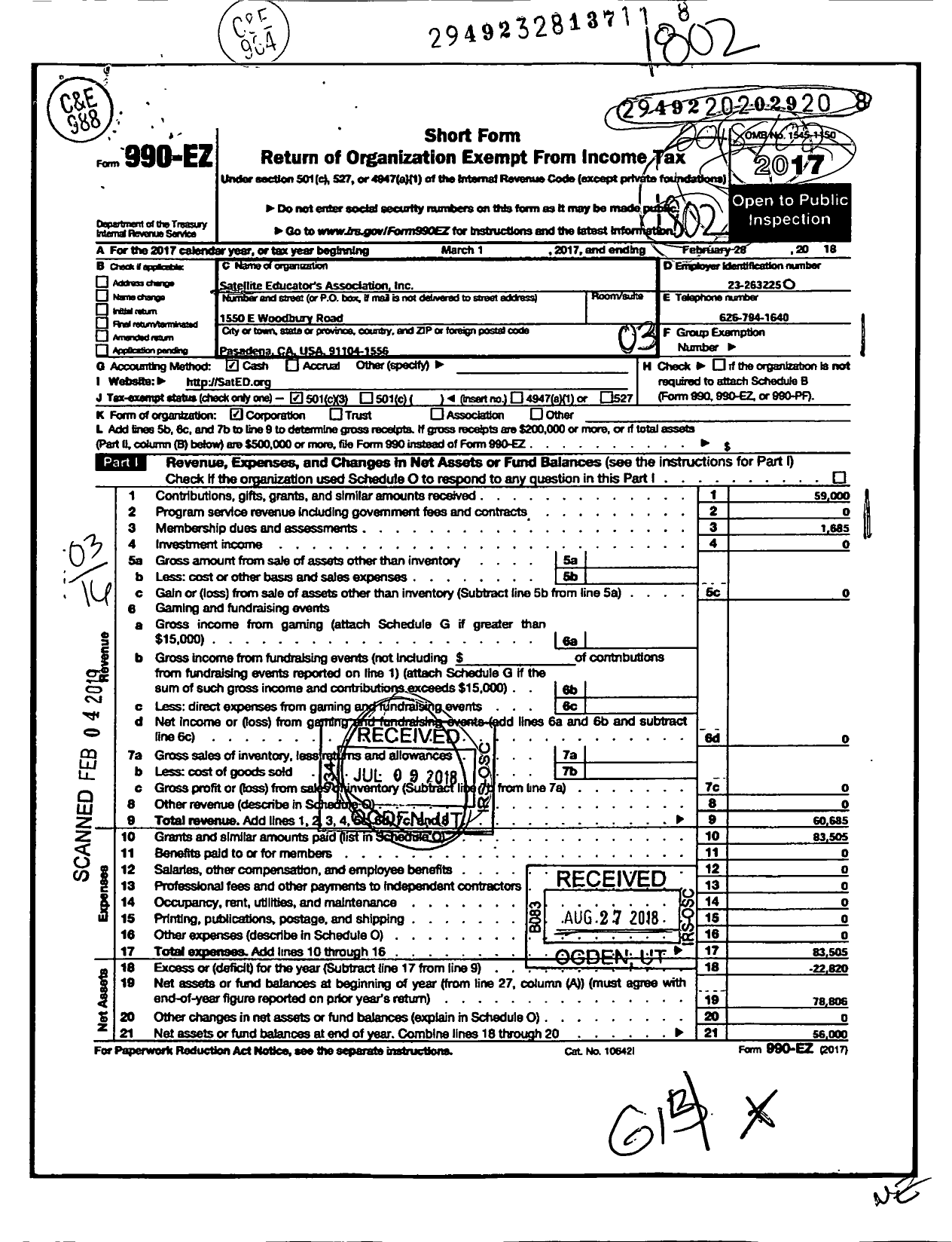 Image of first page of 2017 Form 990EZ for Satellite Educators Association