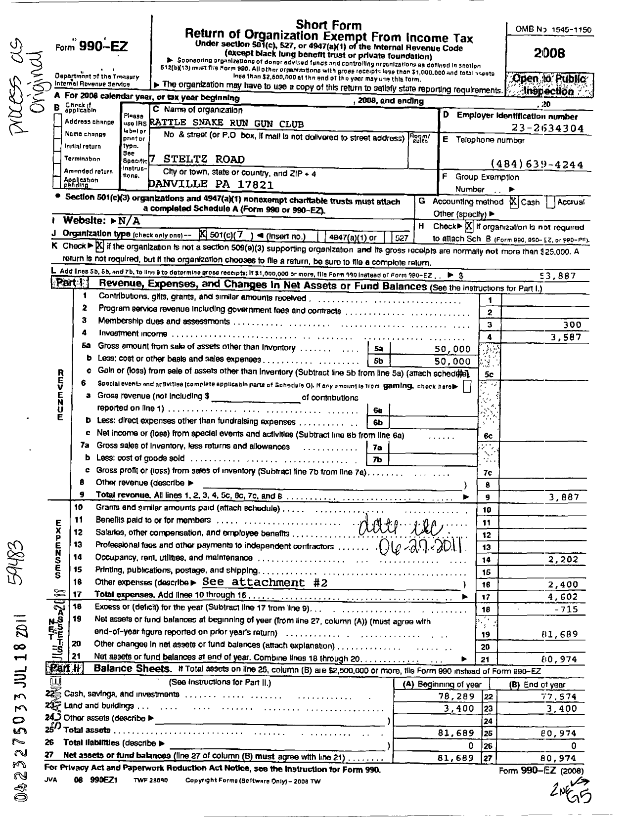 Image of first page of 2008 Form 990EZ for Rattle Snake Run Gun Club