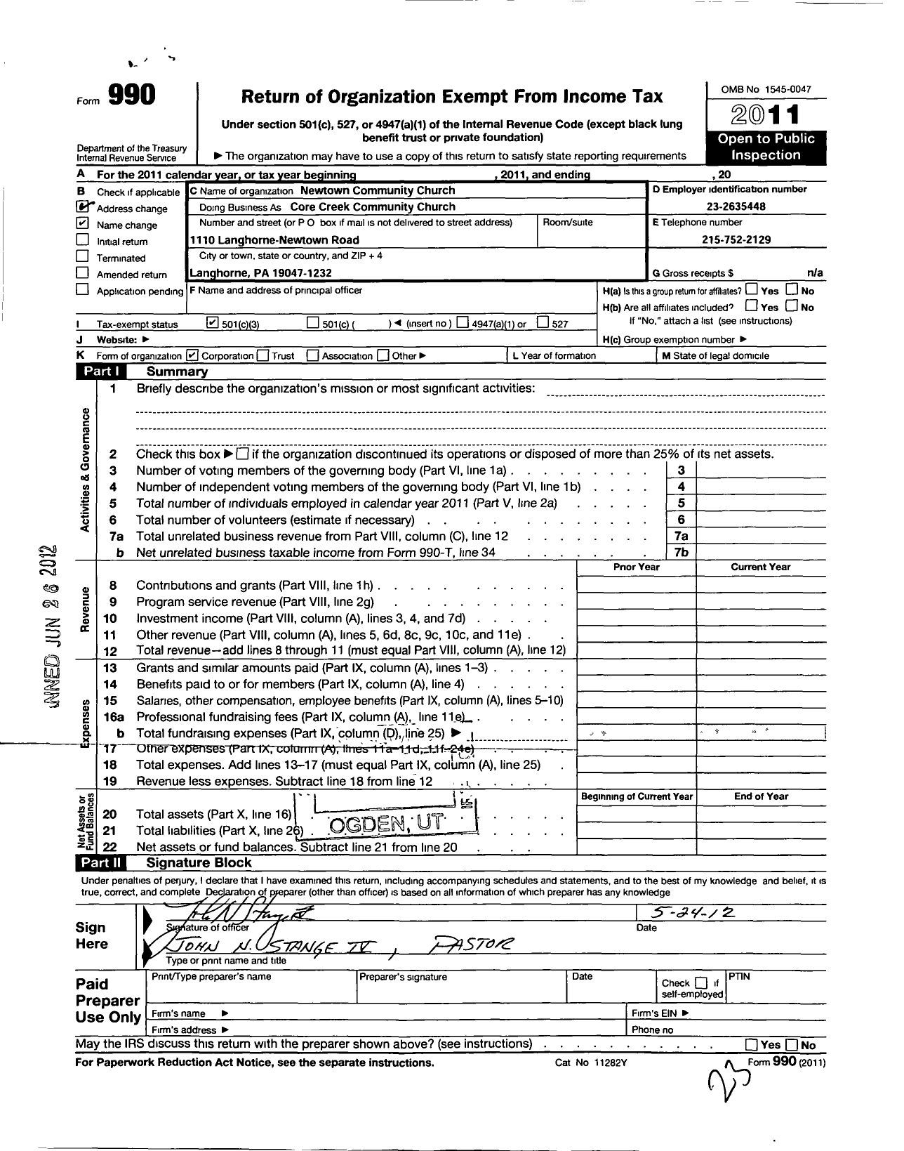 Image of first page of 2011 Form 990 for Newtown Community Church