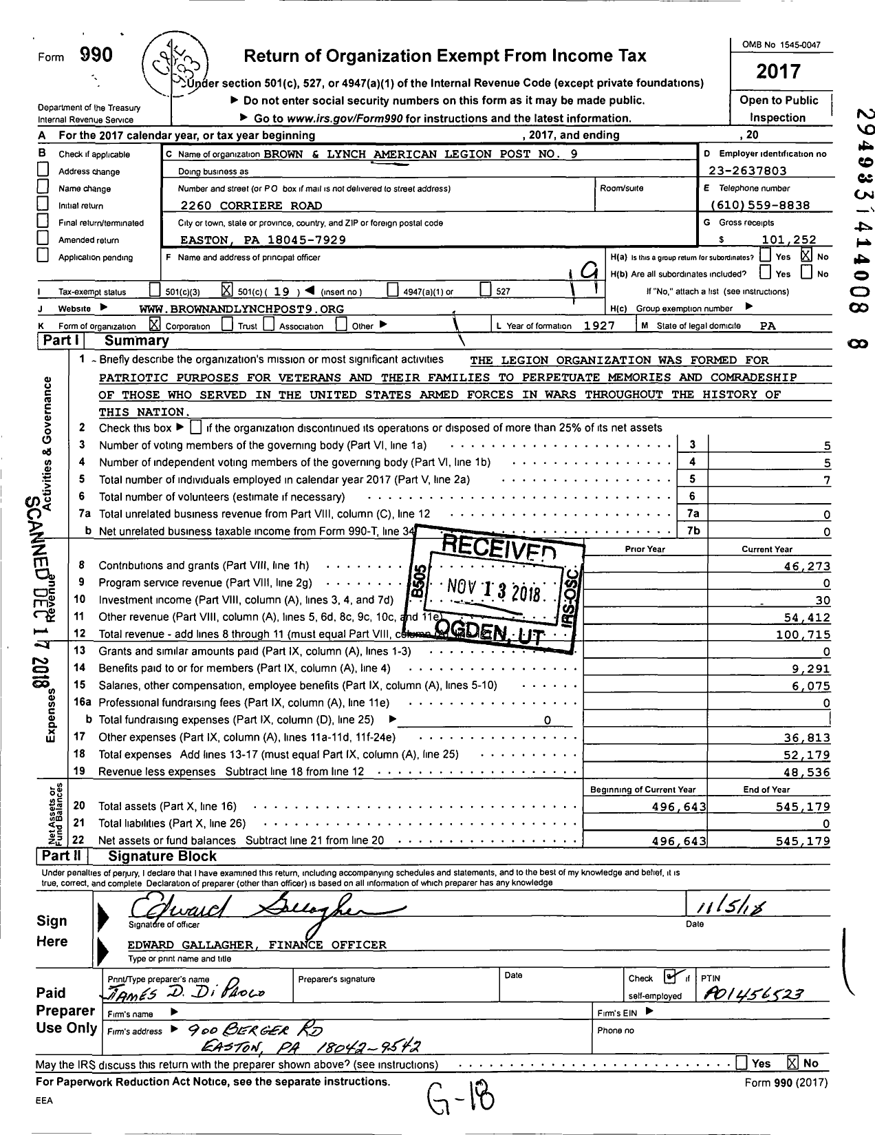 Image of first page of 2017 Form 990O for Brown and Lynch American Legion Post No 9