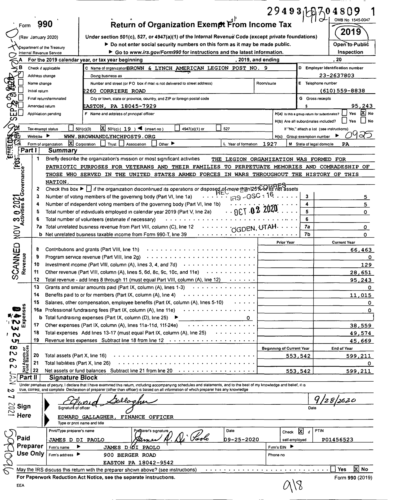 Image of first page of 2019 Form 990O for Brown and Lynch American Legion Post No 9