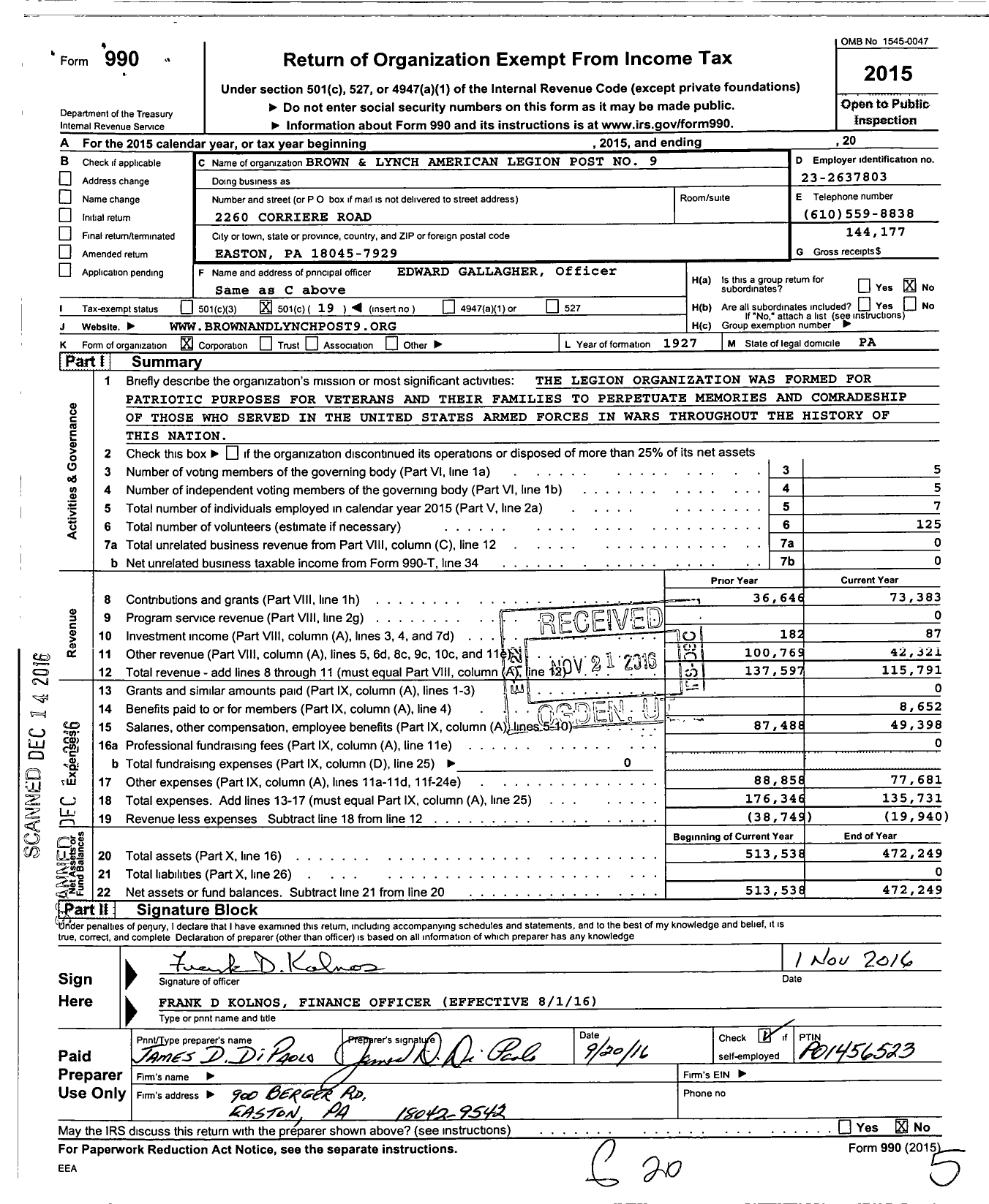 Image of first page of 2015 Form 990O for Brown and Lynch American Legion Post No 9