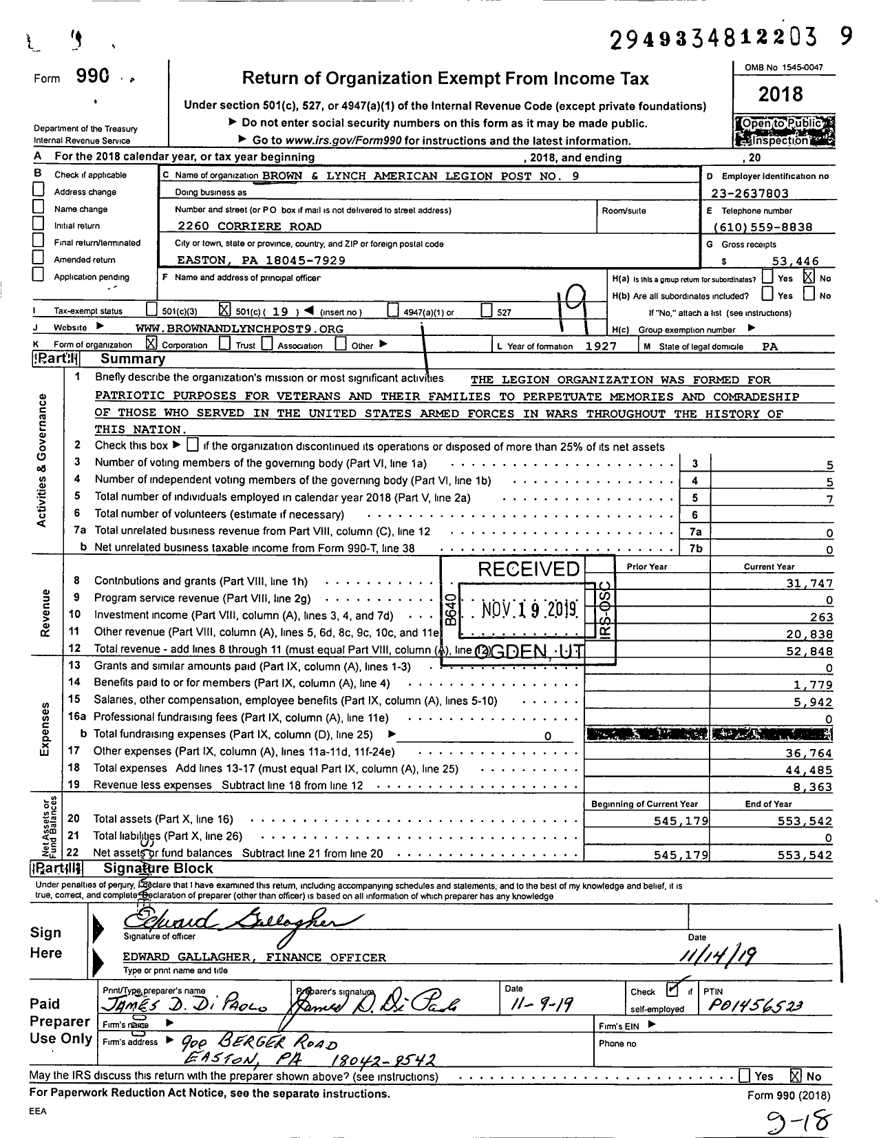 Image of first page of 2018 Form 990O for Brown and Lynch American Legion Post No 9