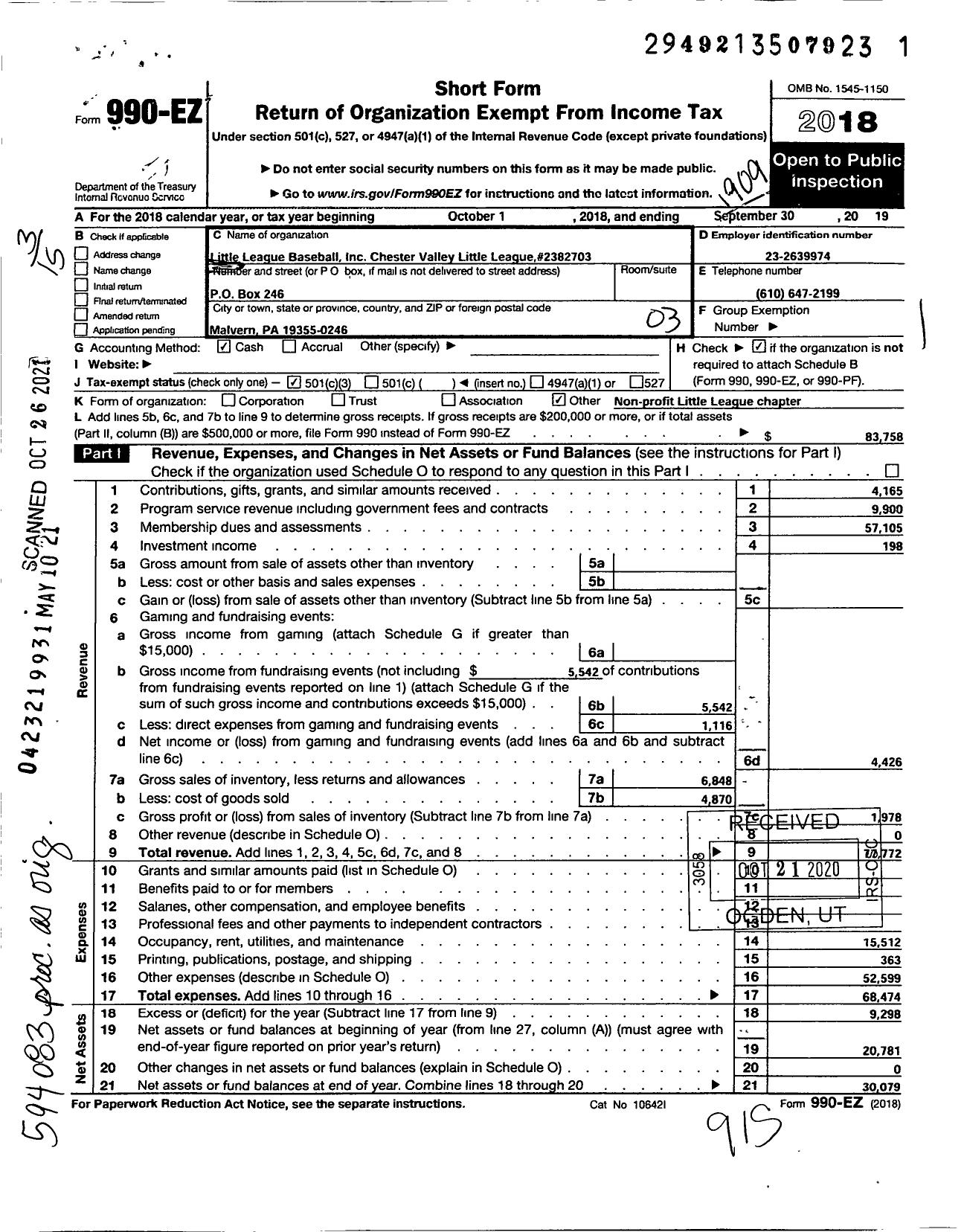 Image of first page of 2018 Form 990EZ for Little League Baseball - 2382703 Chester Valley LL