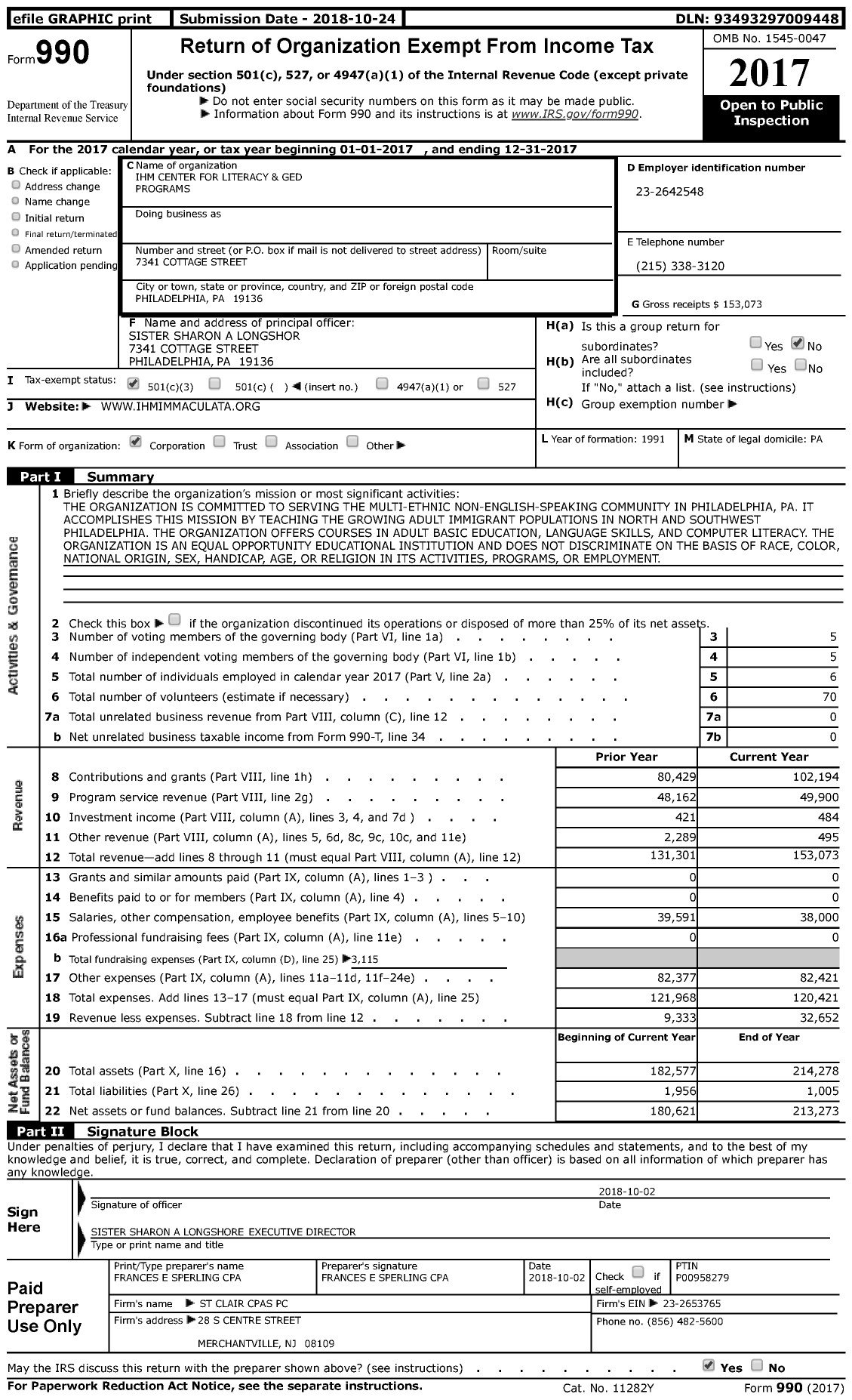 Image of first page of 2017 Form 990 for Ihmcenter for Literacy and Gedprograms