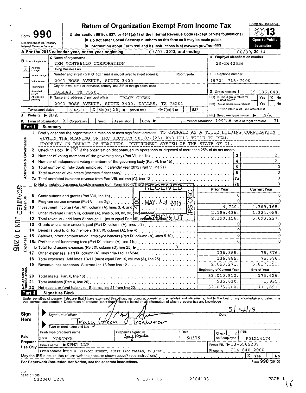 Image of first page of 2013 Form 990O for TRM Montbello Corporation