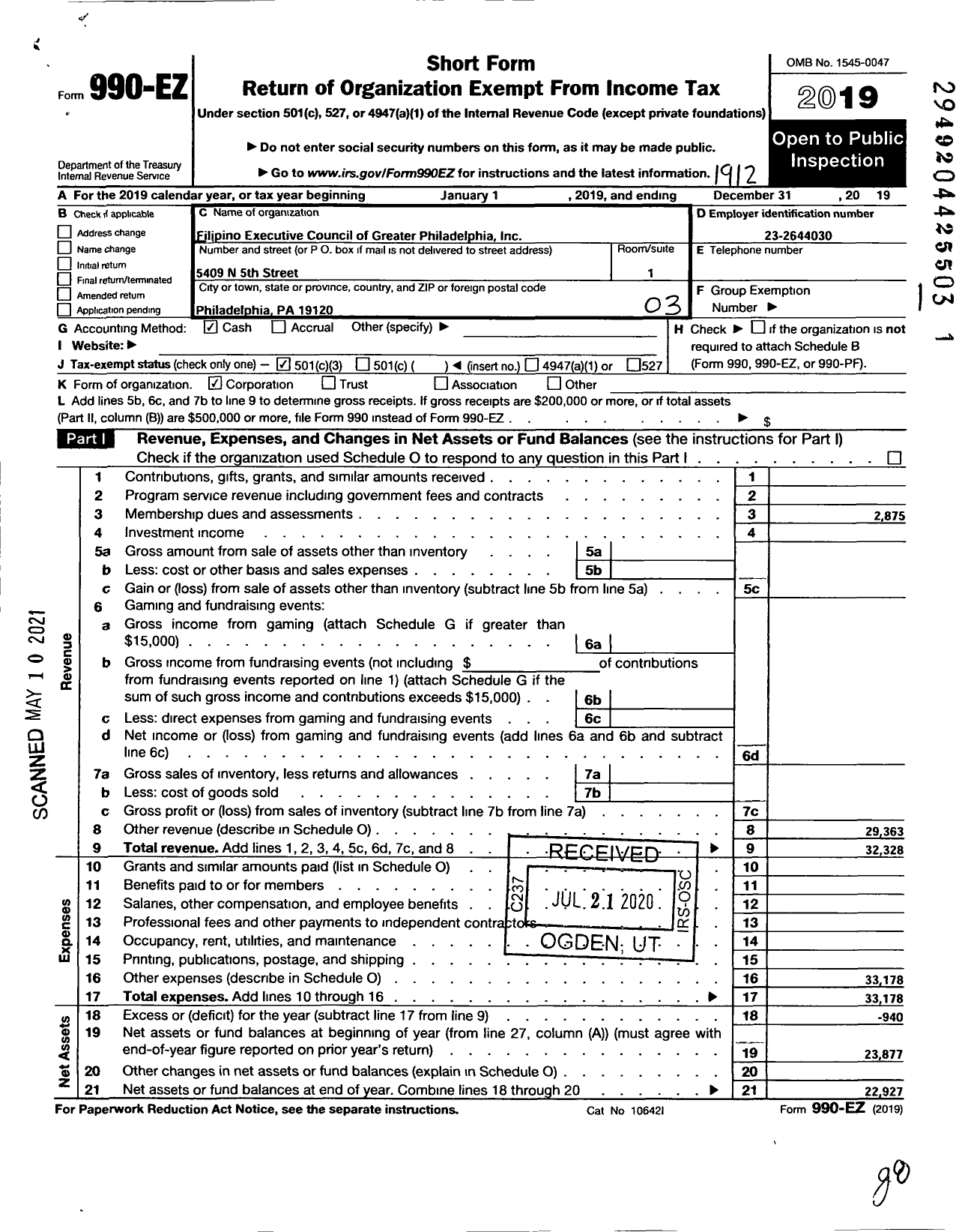 Image of first page of 2019 Form 990EZ for Filipino Executive Council of Greater Philadelphia