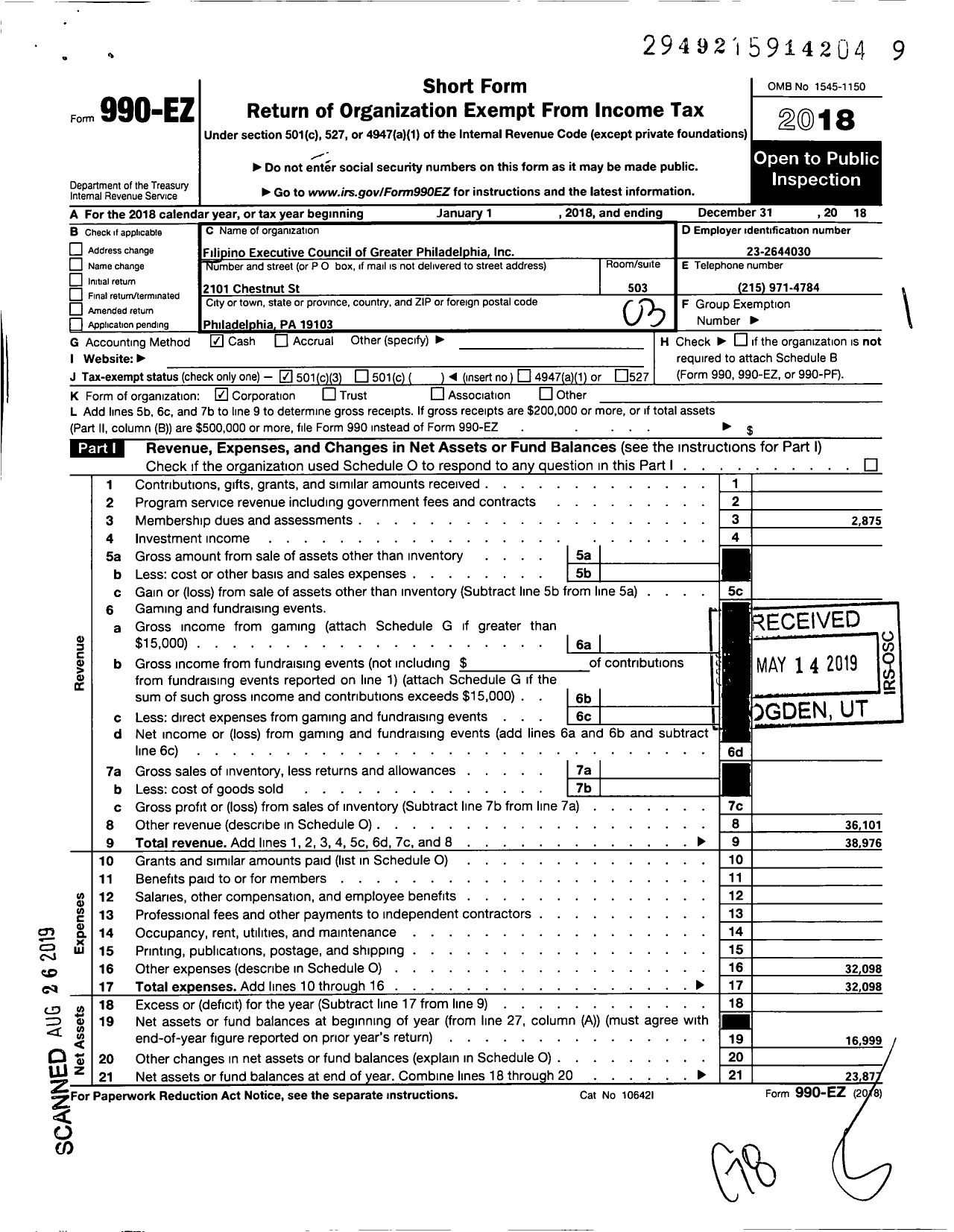 Image of first page of 2018 Form 990EZ for Filipino Executive Council of Greater Philadelphia