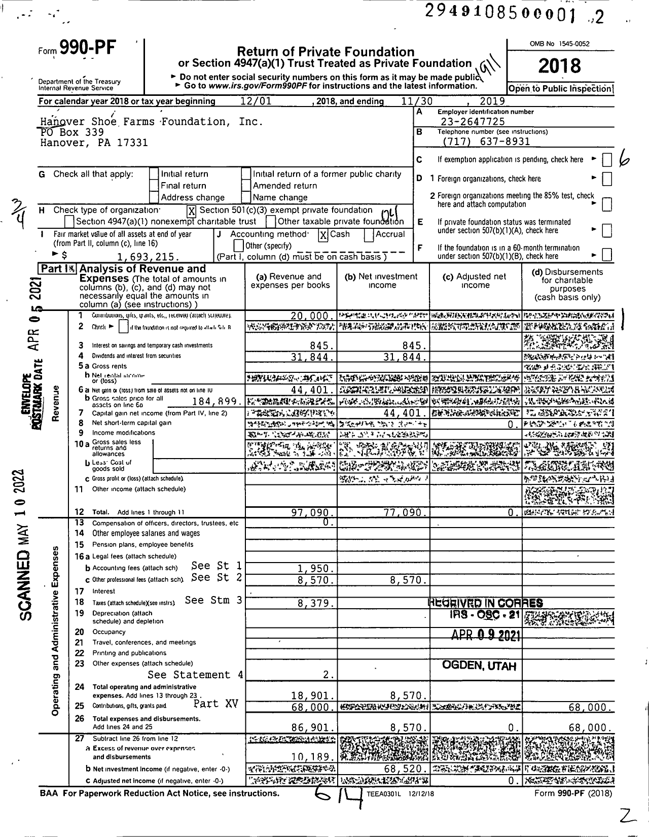 Image of first page of 2018 Form 990PF for Hanover Shoe Farms Foundation