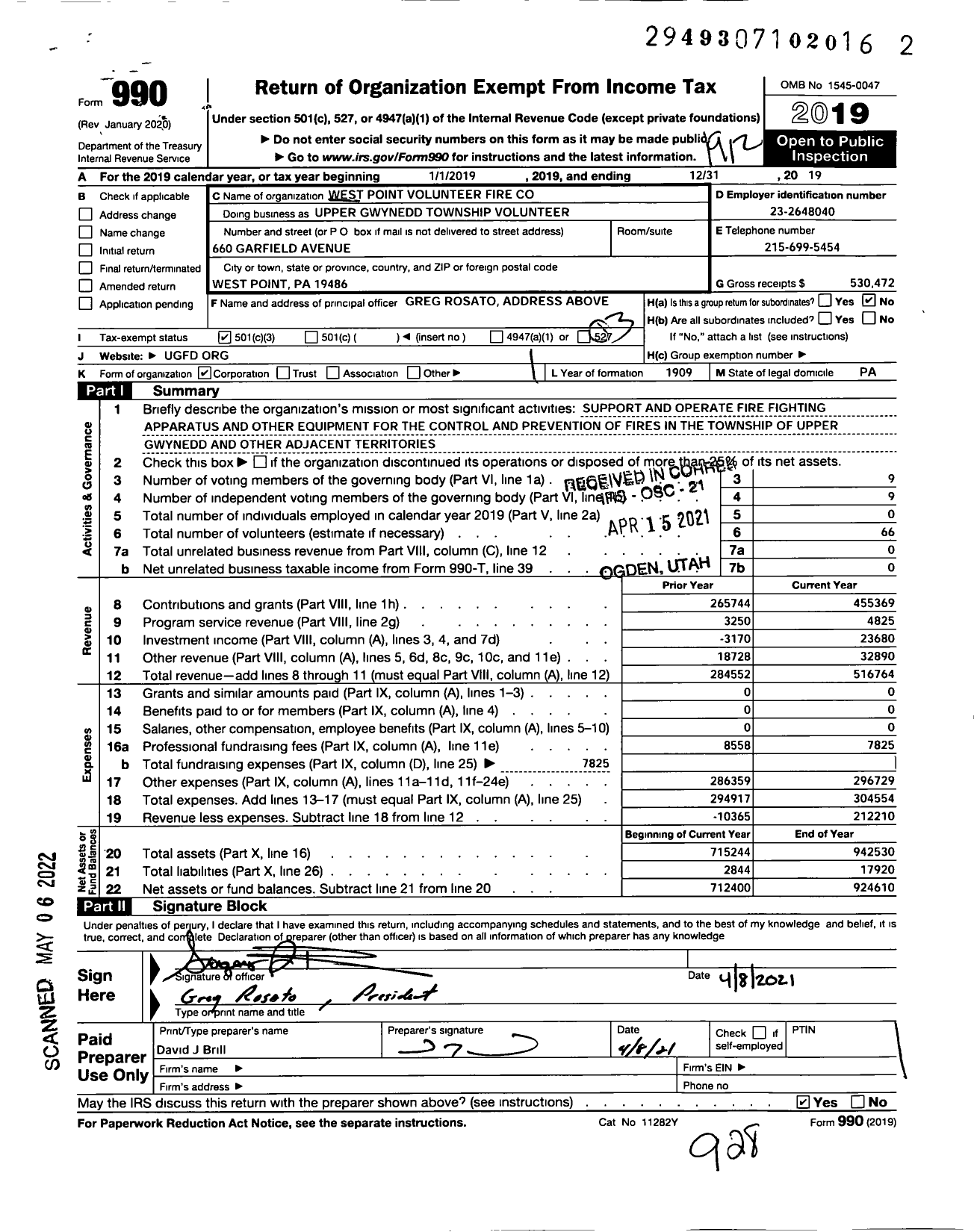 Image of first page of 2019 Form 990 for West Point Volunteer Fire Company