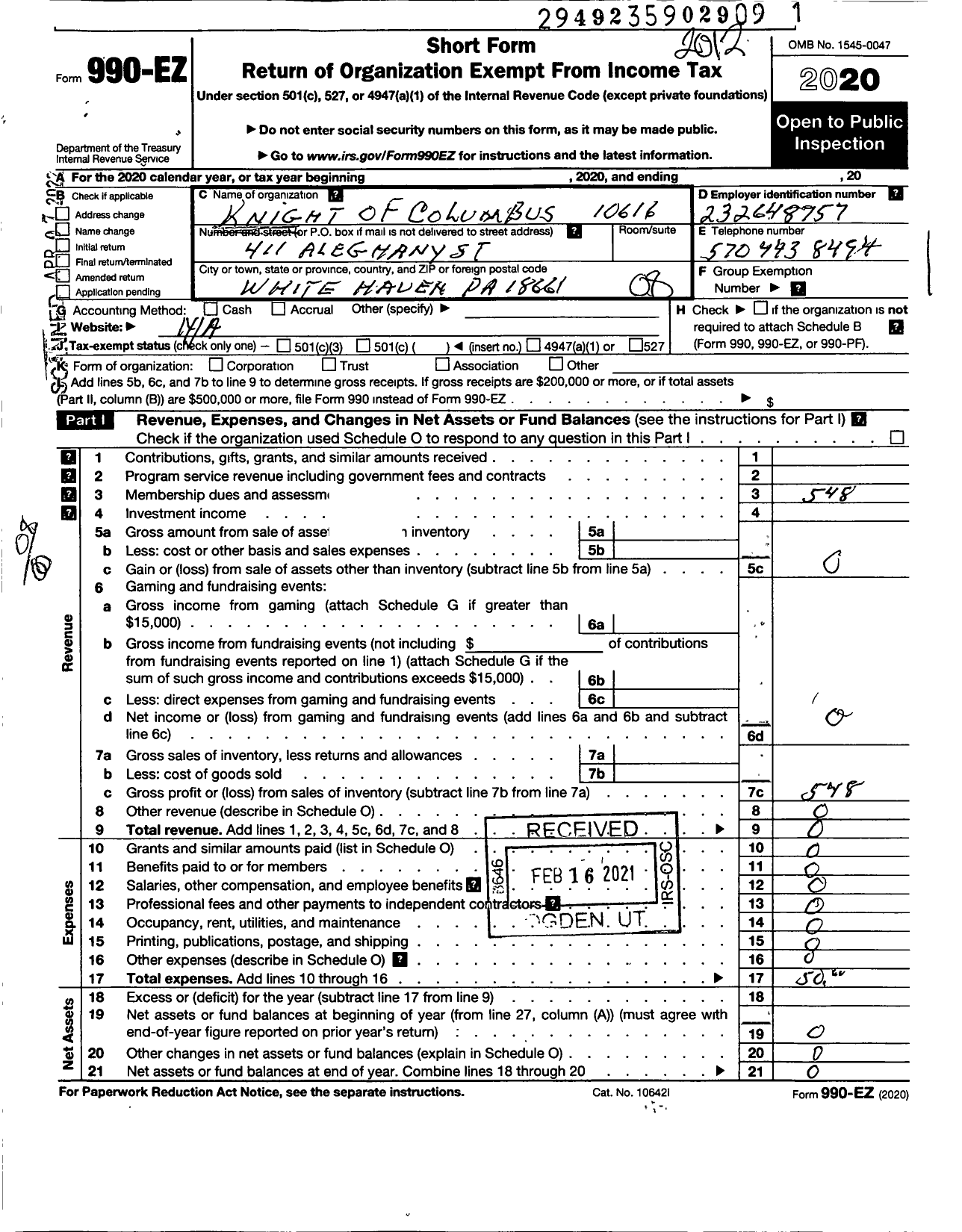 Image of first page of 2020 Form 990EO for Knights of Columbus - 10616 St Patricks Council