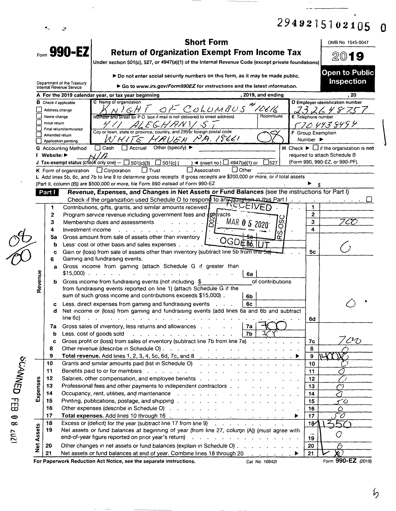 Image of first page of 2019 Form 990EO for Knights of Columbus - 10616 St Patricks Council