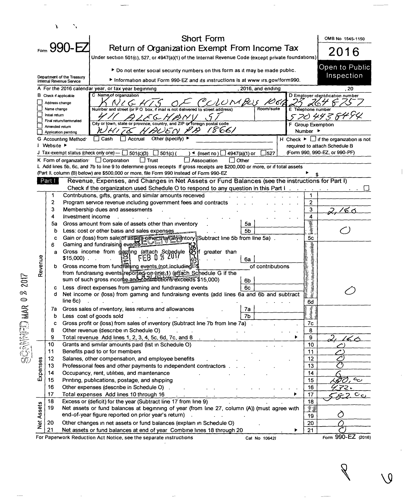 Image of first page of 2016 Form 990EO for Knights of Columbus - 10616 St Patricks Council