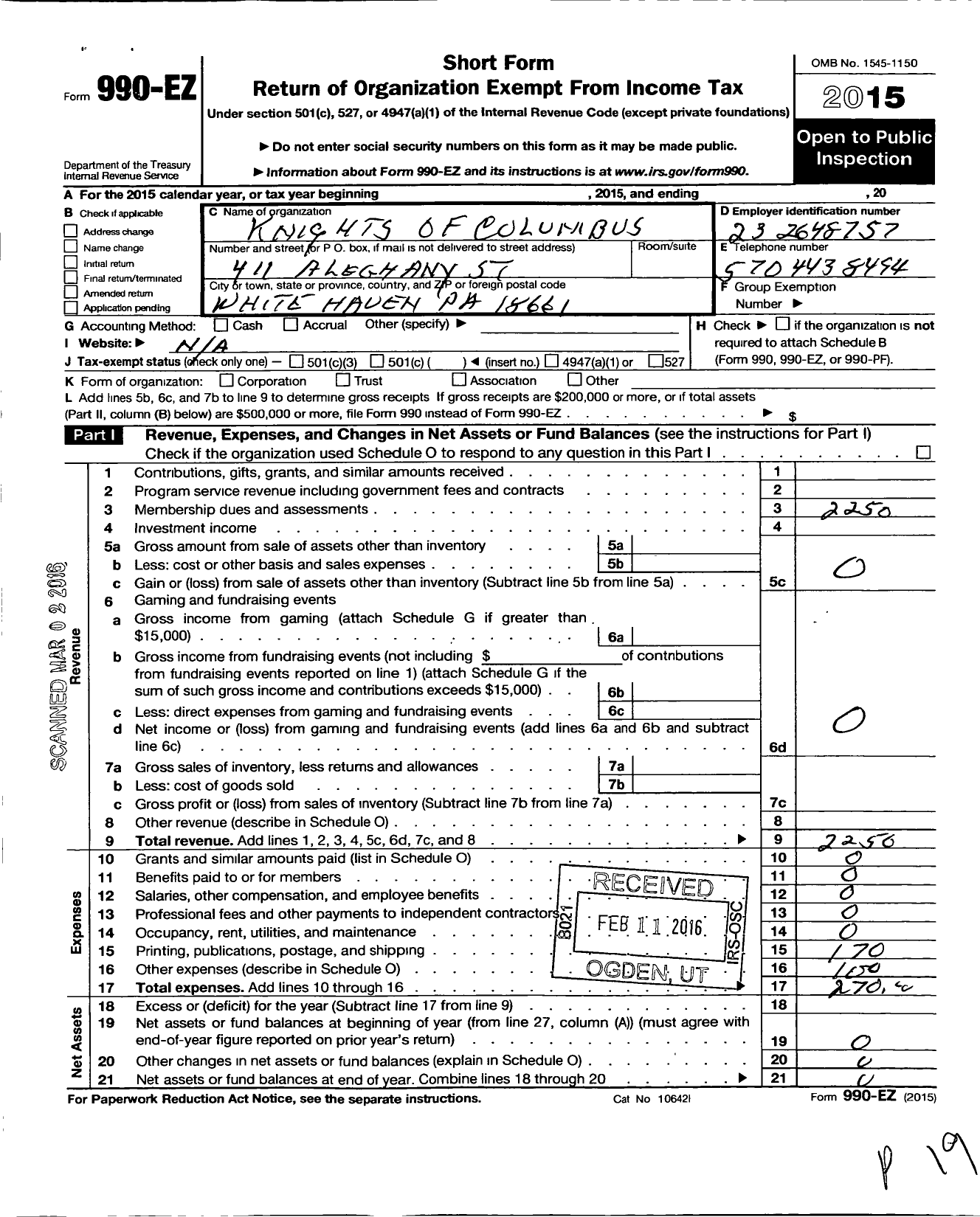 Image of first page of 2015 Form 990EO for Knights of Columbus - 10616 St Patricks Council