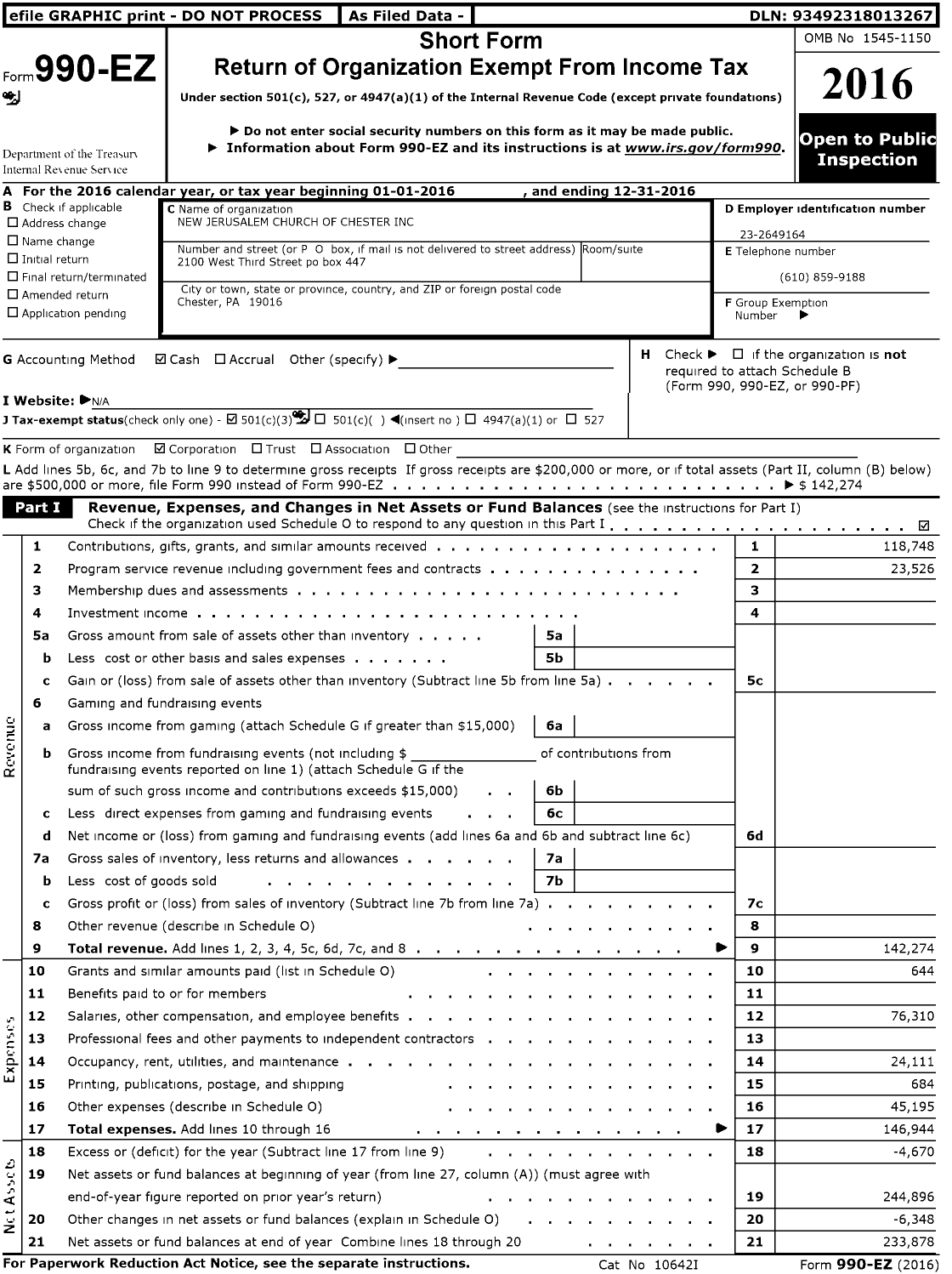 Image of first page of 2016 Form 990EZ for New Jerusalem Church of Chester