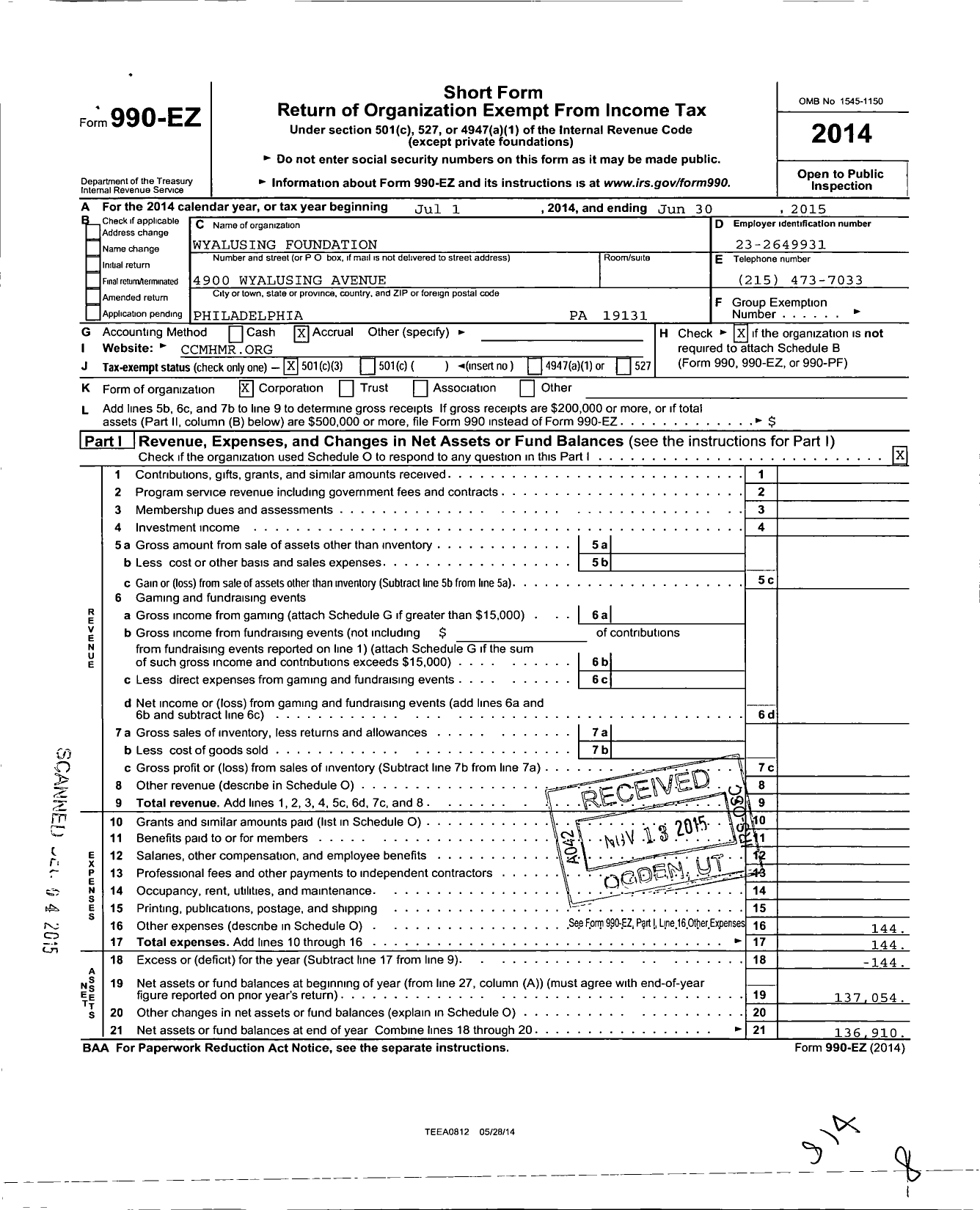 Image of first page of 2014 Form 990EZ for Wyalusing Foundation