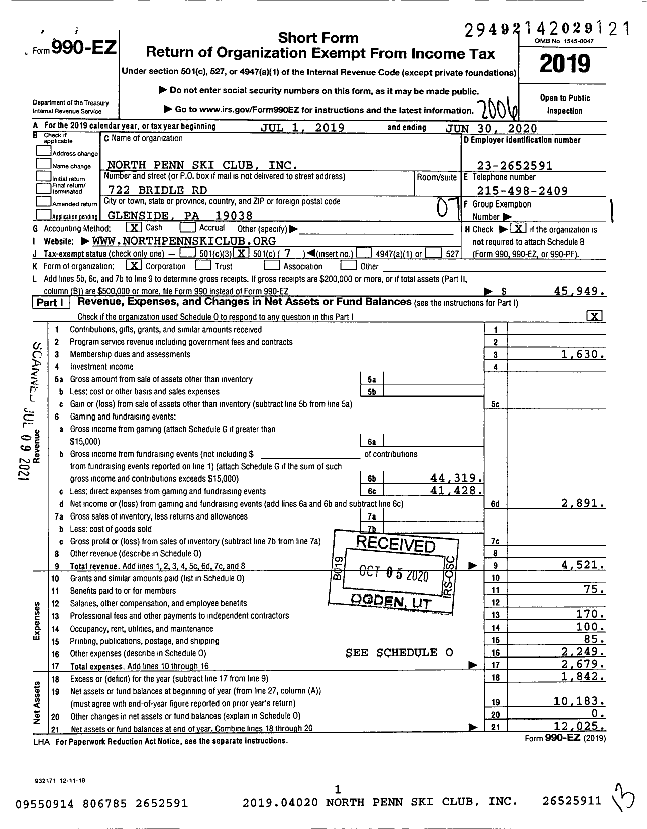 Image of first page of 2019 Form 990EO for North Penn Ski Club