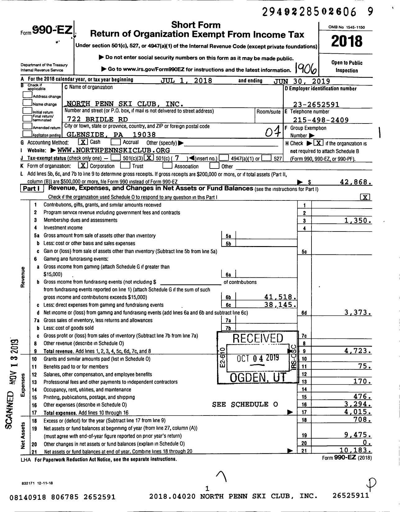 Image of first page of 2018 Form 990EO for North Penn Ski Club